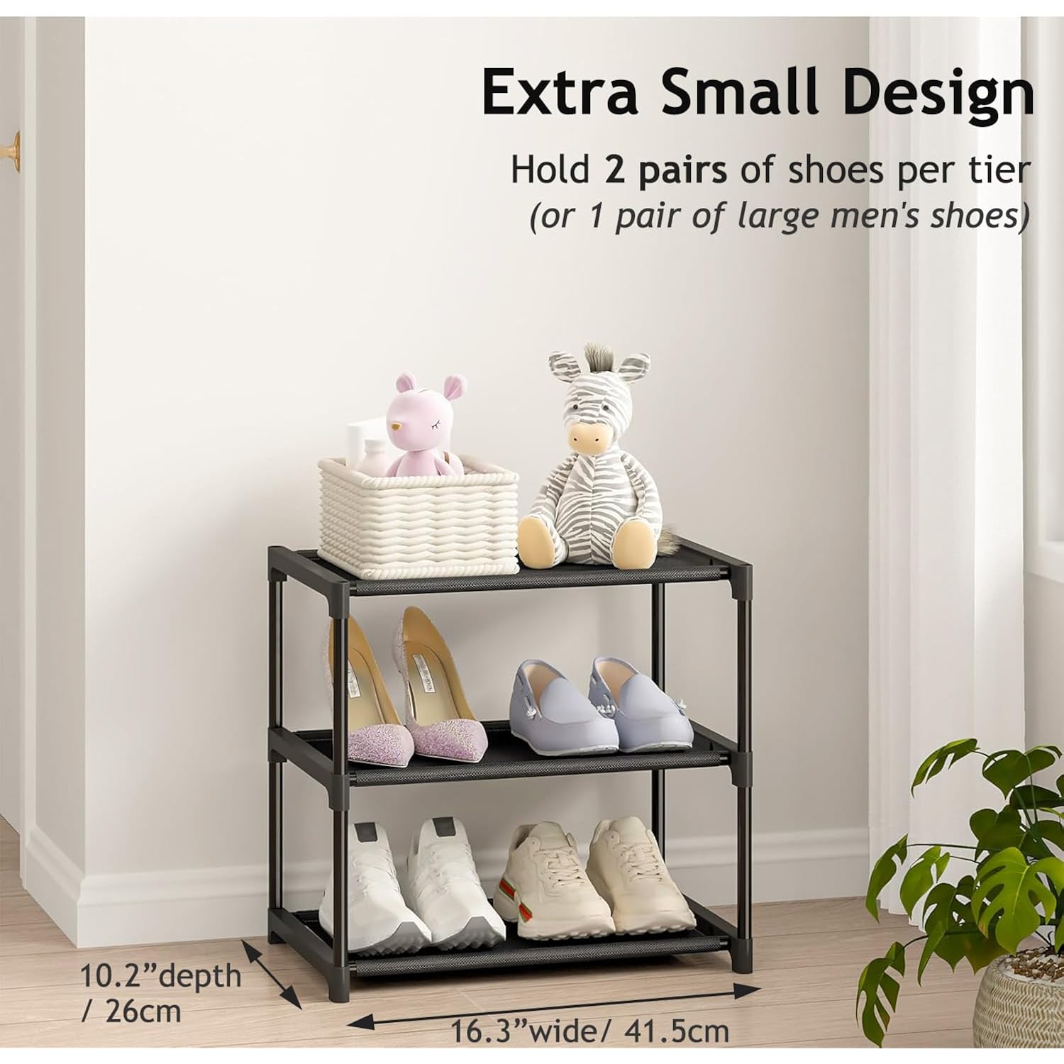 3 Tier Extra Small Shoe Rack (16.3" Wide), Narrow Stackable Shoe Shelf For Kids Toddler Adult, Ultra-Lightweight Shoe Rack Stand For Closet Dorm Bedroom Storage Organizer, Entryway