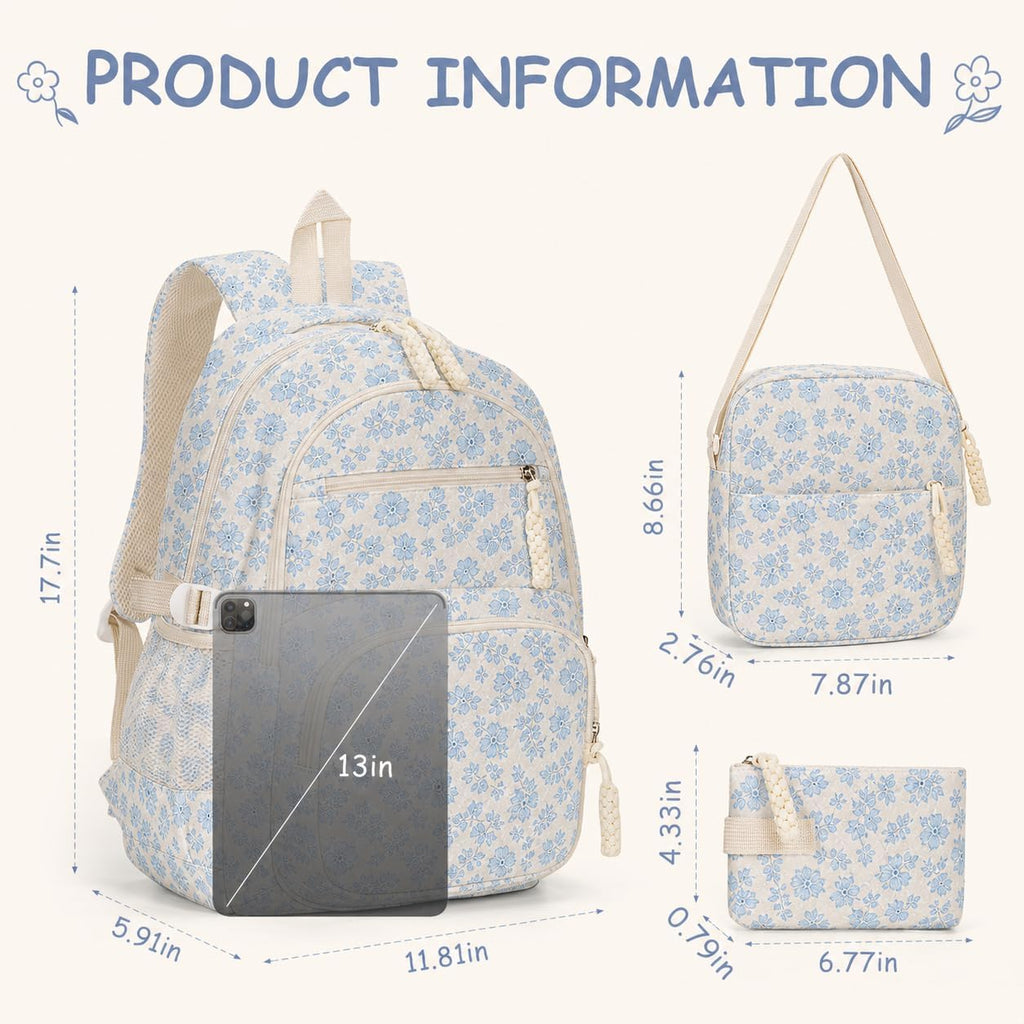 Floral Backpack 3Pcs Set For Women Quilted Backpack Coquette Pleasing Kawaii Rucksack Cute Preppy Daypack (Blue)