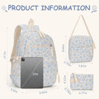 Floral Backpack 3Pcs Set For Women Quilted Backpack Coquette Pleasing Kawaii Rucksack Cute Preppy Daypack (Blue)