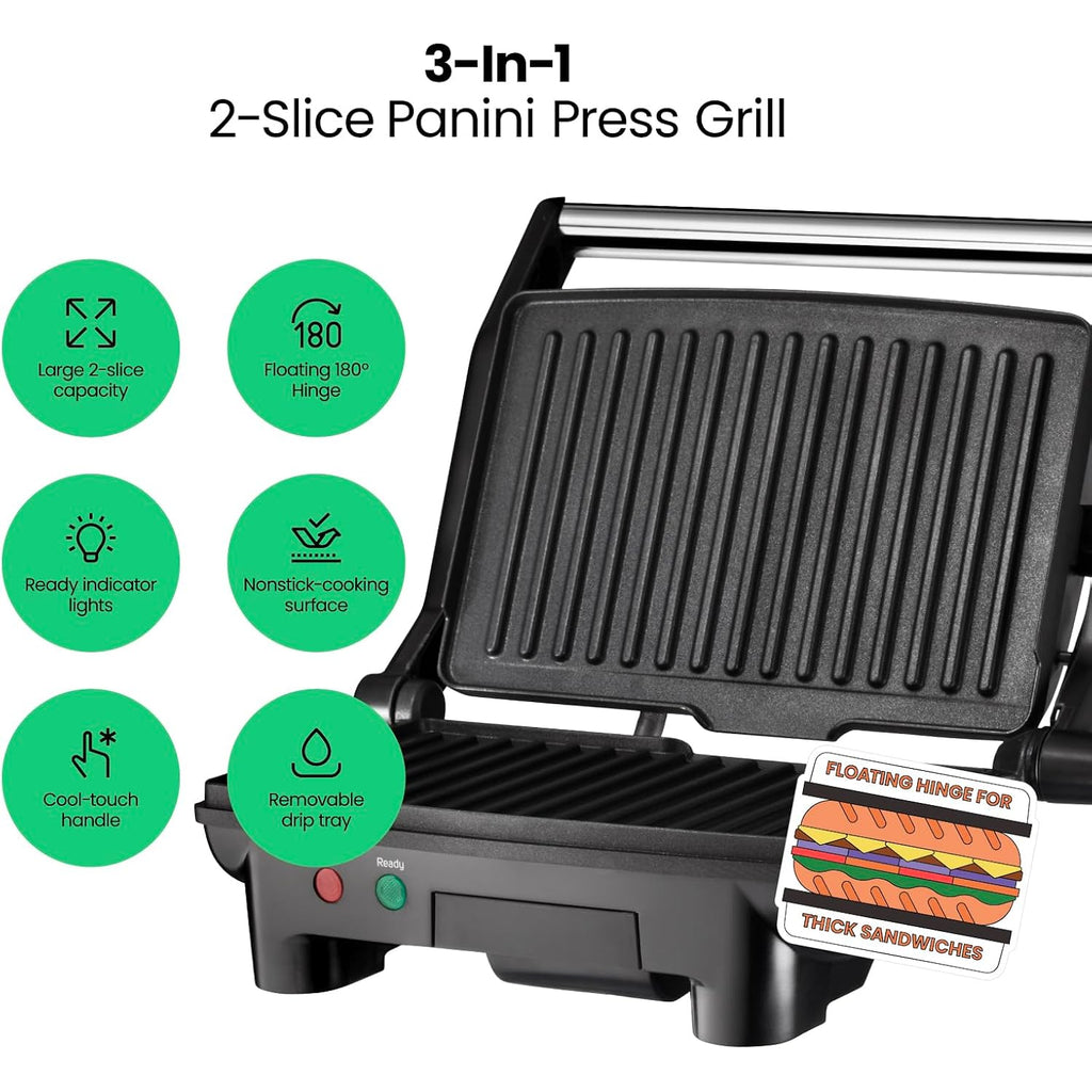 Chefman Electric Panini Press Grill, Compact 2-Slice Sandwich Maker, Non-Stick Coated Plates, Opens 180 Degrees, Dishwasher Safe, Removable Drip Tray, Stainless Steel/Black