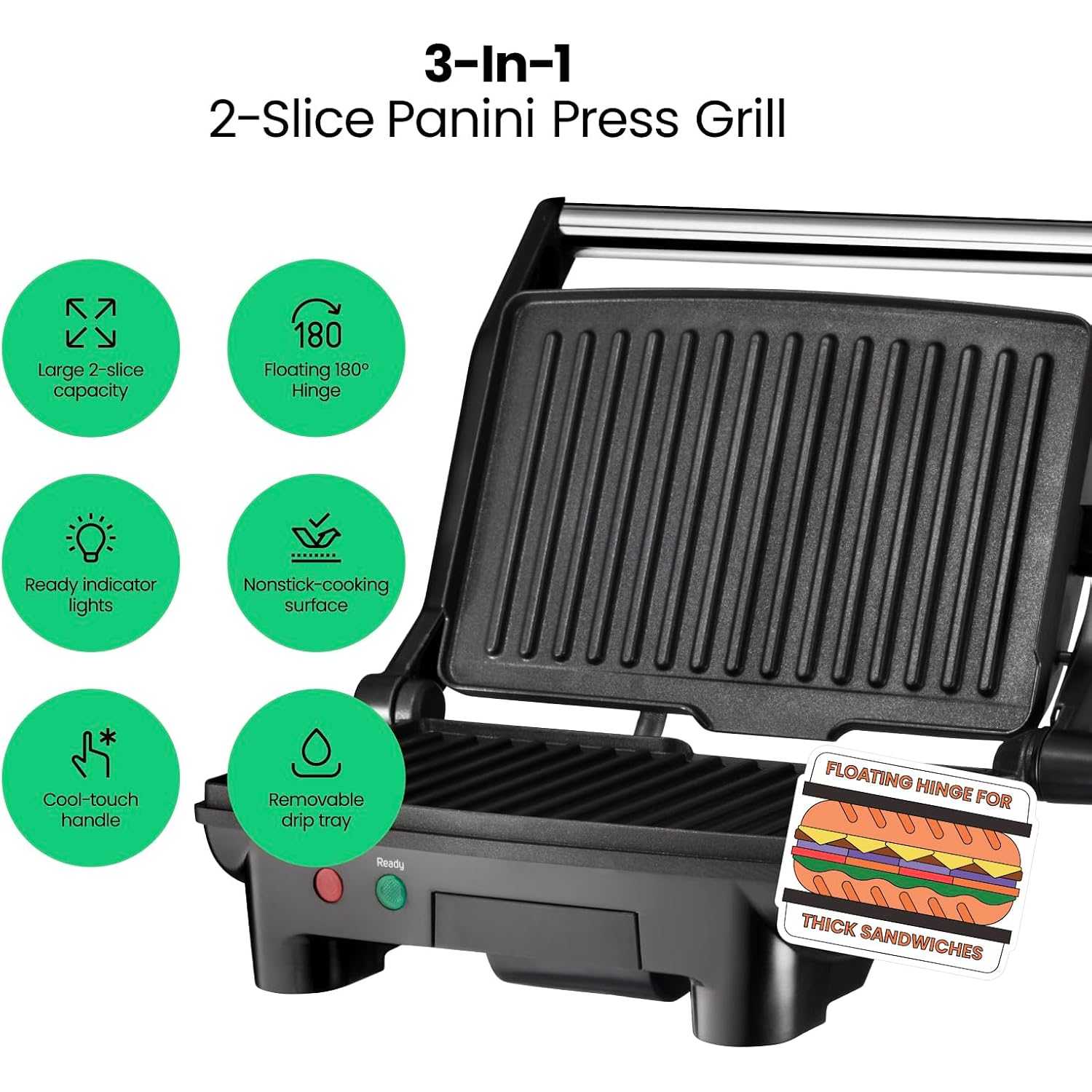 Chefman Electric Panini Press Grill, Compact 2-Slice Sandwich Maker, Non-Stick Coated Plates, Opens 180 Degrees, Dishwasher Safe, Removable Drip Tray, Stainless Steel/Black