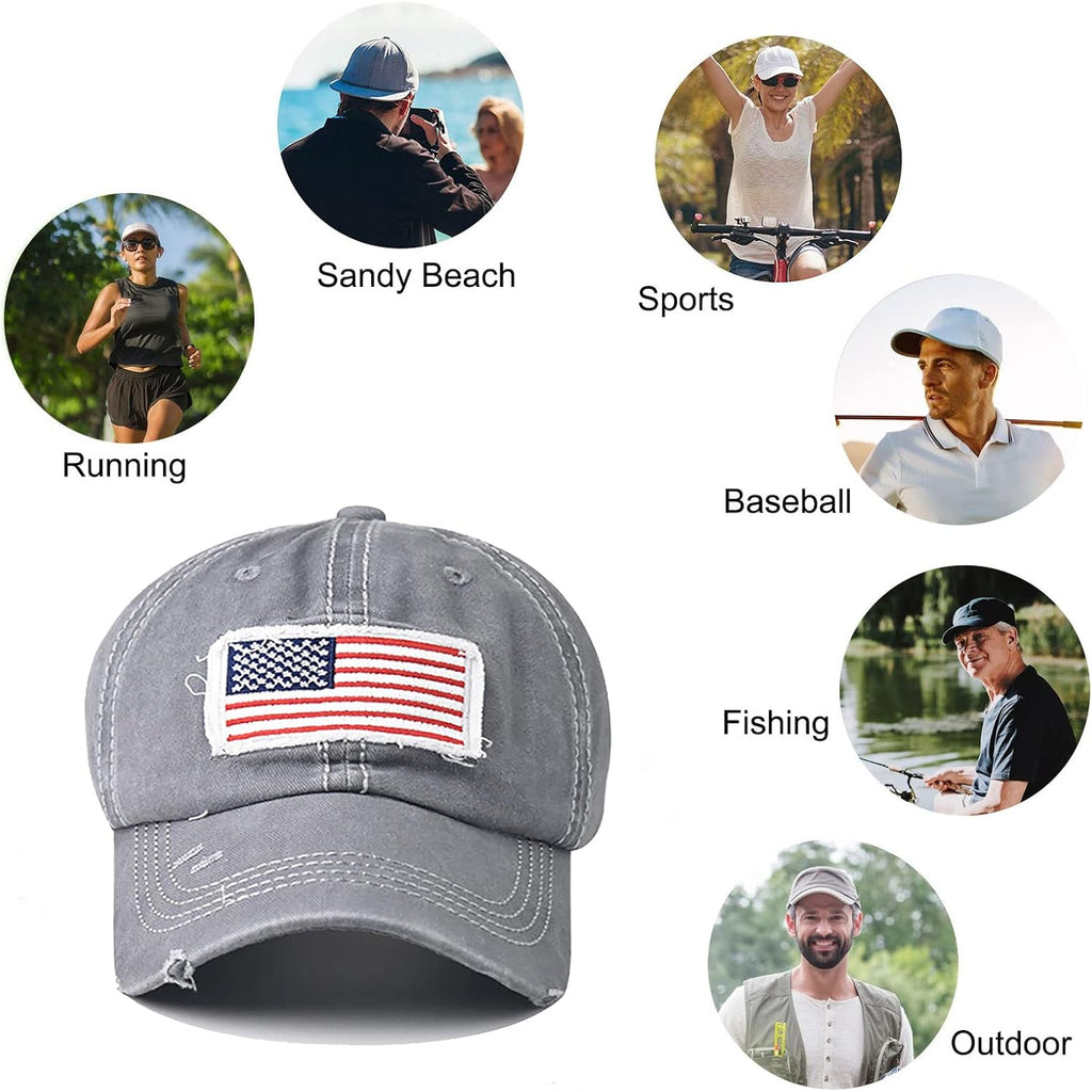 Women American Flag Ponytail Hat Embroidery Washed-Cotton Messy Bun Baseball-Cap Adjustable Grey