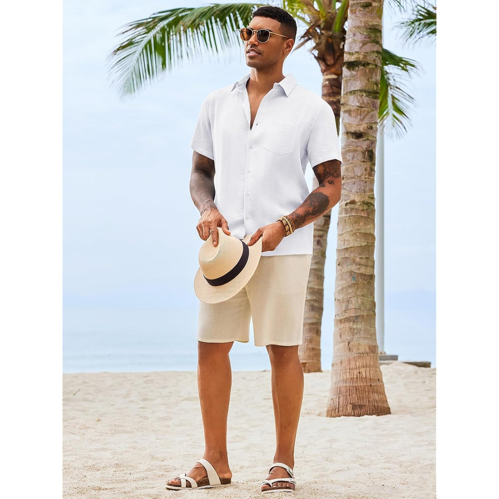 Runcati Mens Button Down Shirts Casual Short Sleeve Shirt Textured Linen Summer Beach Tops With Pocket