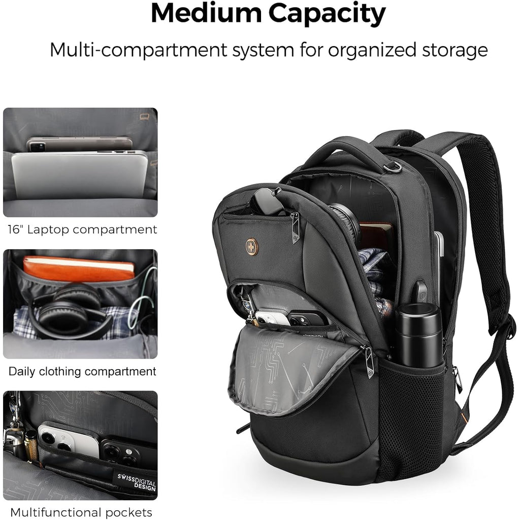 Swissdigital Design Backpack For Men & Women Fit 16 Inch Computer Sd1670-01 | Travel Laptop Backpack, College Bag, Business Backpack, With Usb Charging Port, Rfid Protetion Pocket, Water Bottle, Black