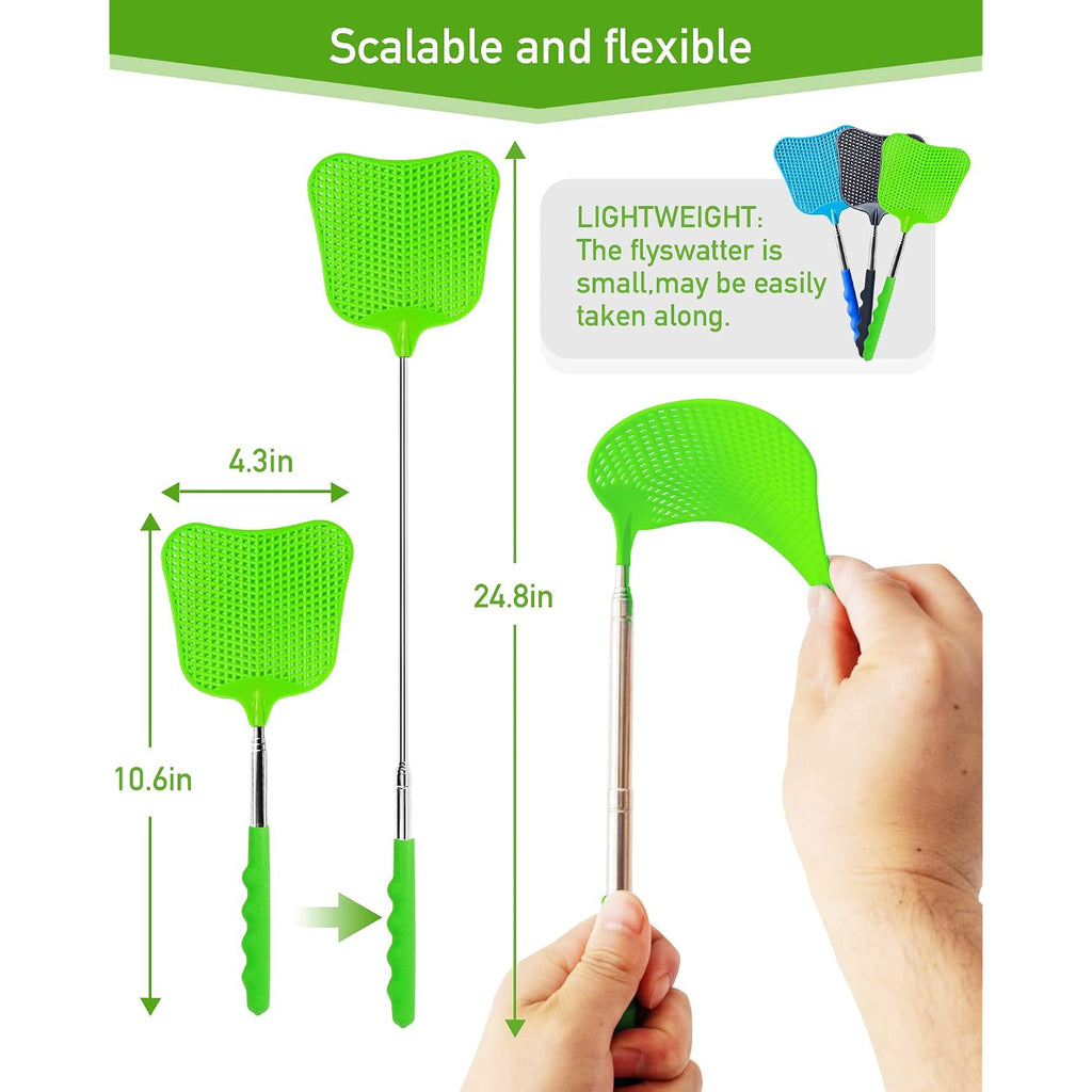 Wapodeai 3 Pcs Fly Swatter, Fly Swatters Plastic Telescopic, Large Bug Swatter That Work For Indoor And Outdoor. (Black Blue Green)