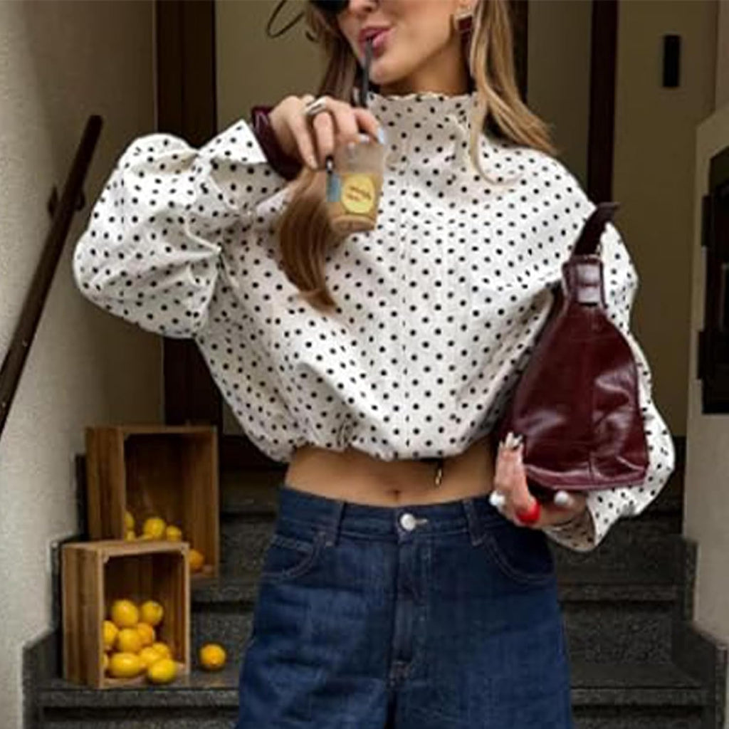 Women Polka Dot Jacket Stand Collar Cropped Jackets Zip Up Coat Casual Fashion Coat Fall Spring Jacket With Pockets