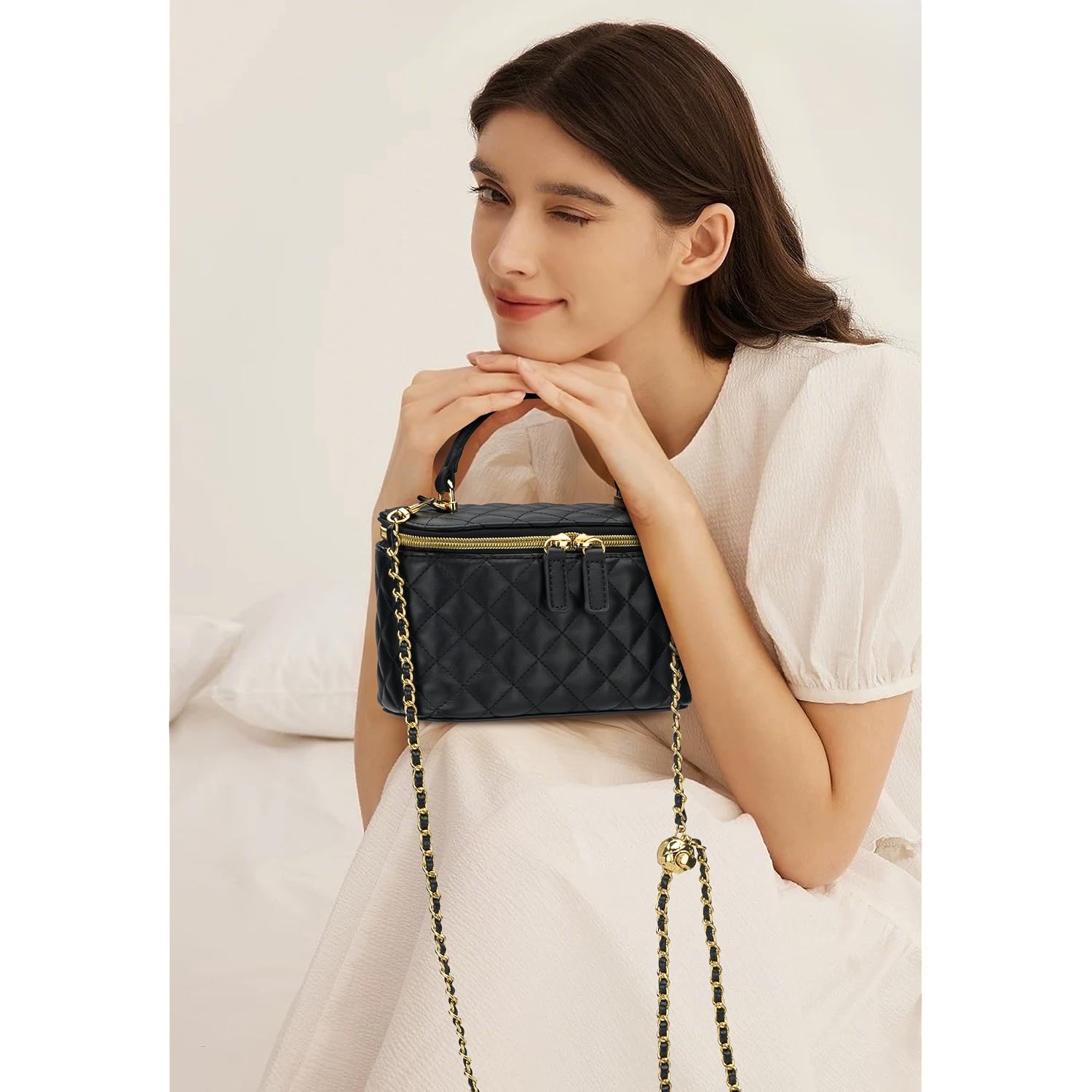 Mini Quilted Box Crossbody Bags For Women, Small Square Designer Clutch Purses With Adjustable Chain Strap