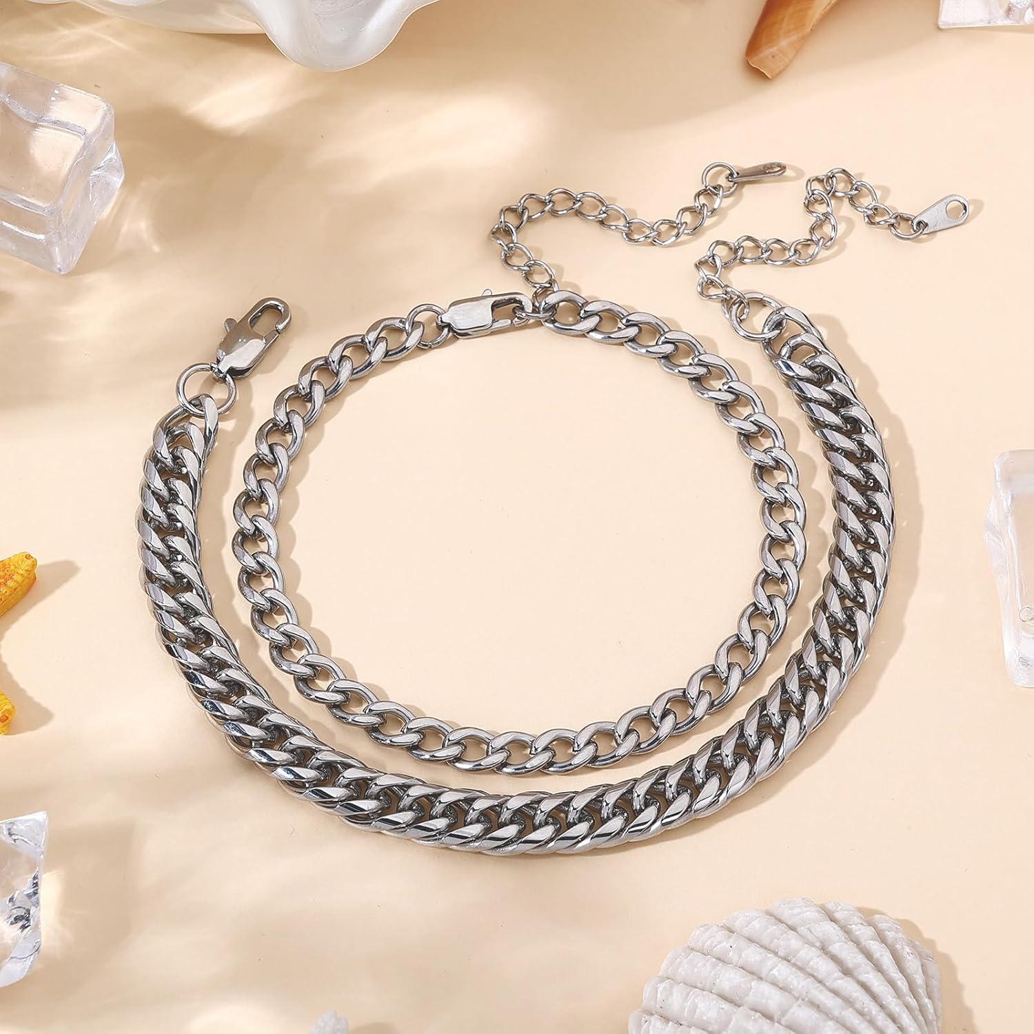 2PCS Ankle Bracelets for Women - Gold/Silver Plated Stainless Steel Anklets Set - Waterproof Layered Cuban Link Chain Anklet Bracelet Summer Beach Foot Jewelry Gifts for Women