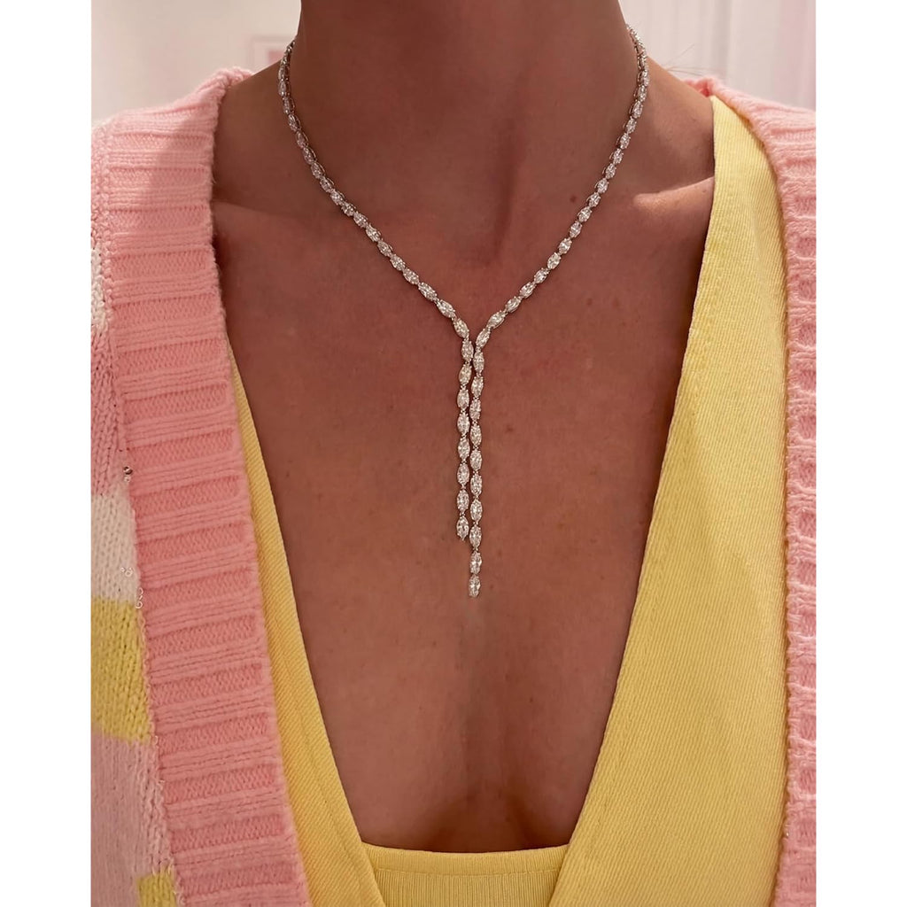 STONEFANS Long Tennis Necklaces for Women - Dainty Silver Lariat Necklace Rhinestone Y Shaped Drop Necklace Cute Choker Necklaces for Women Trendy Silver Prom Jewelry Gifts