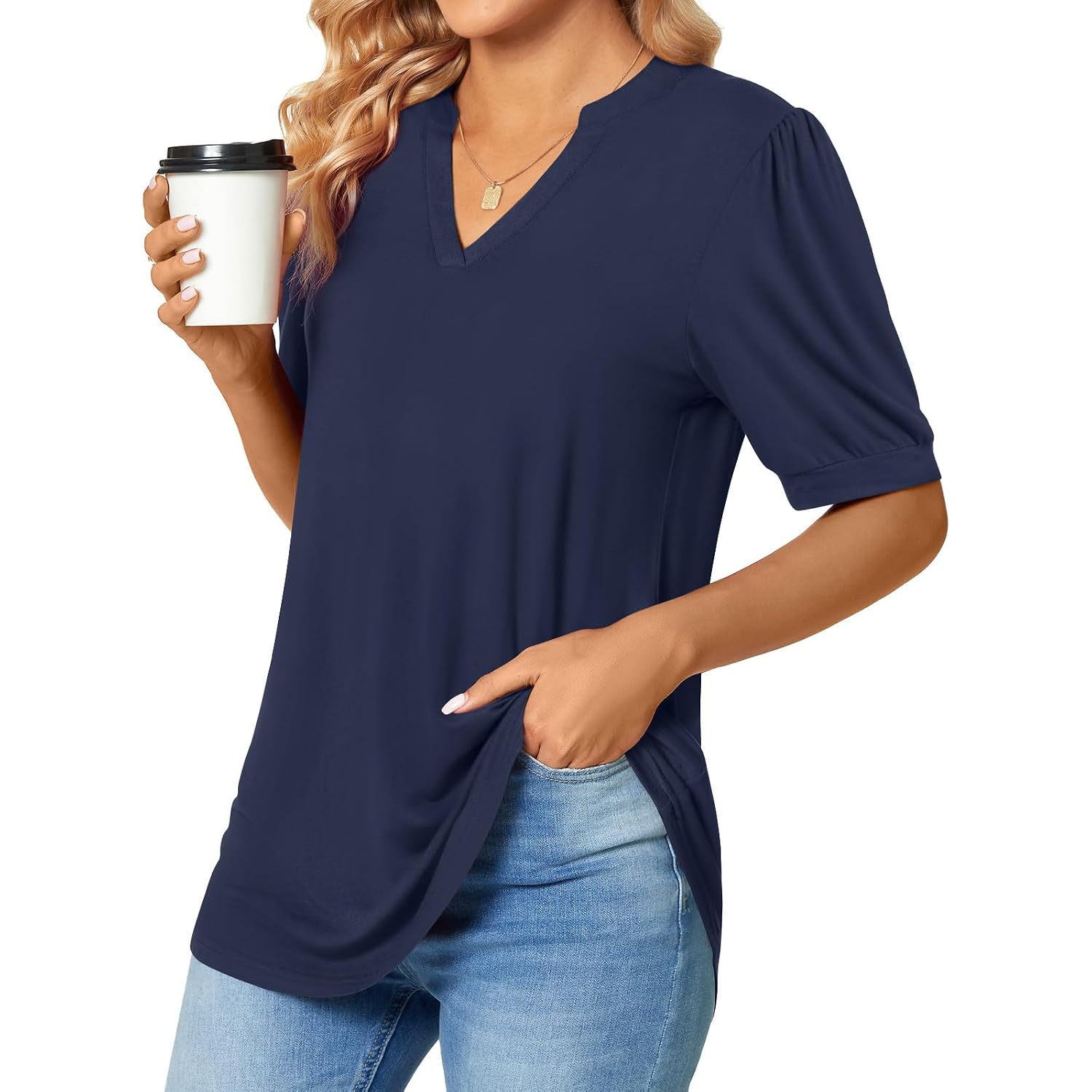 Anyally Womens Tunic Tops Summer Dressy Casual Puff Short Sleeve Shirts Work Business Blouses