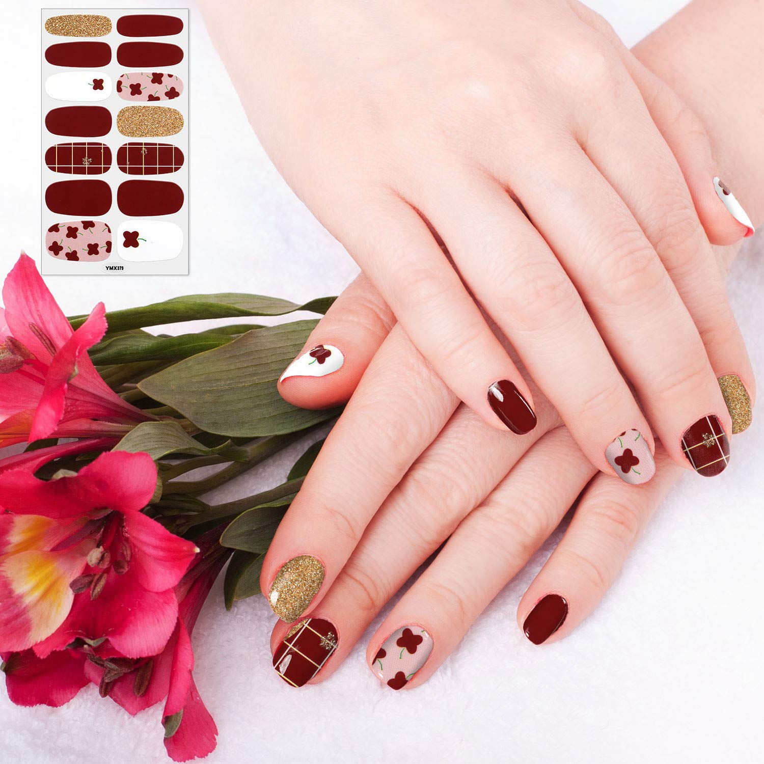 Maitys 224 Pieces 16 Sheets Full Wrap Nail Stickers Polish Stripes Self Adhesive Art Decals with File with File Manicure Kit for Women DIY Holiday(Fresh Floral Series)
