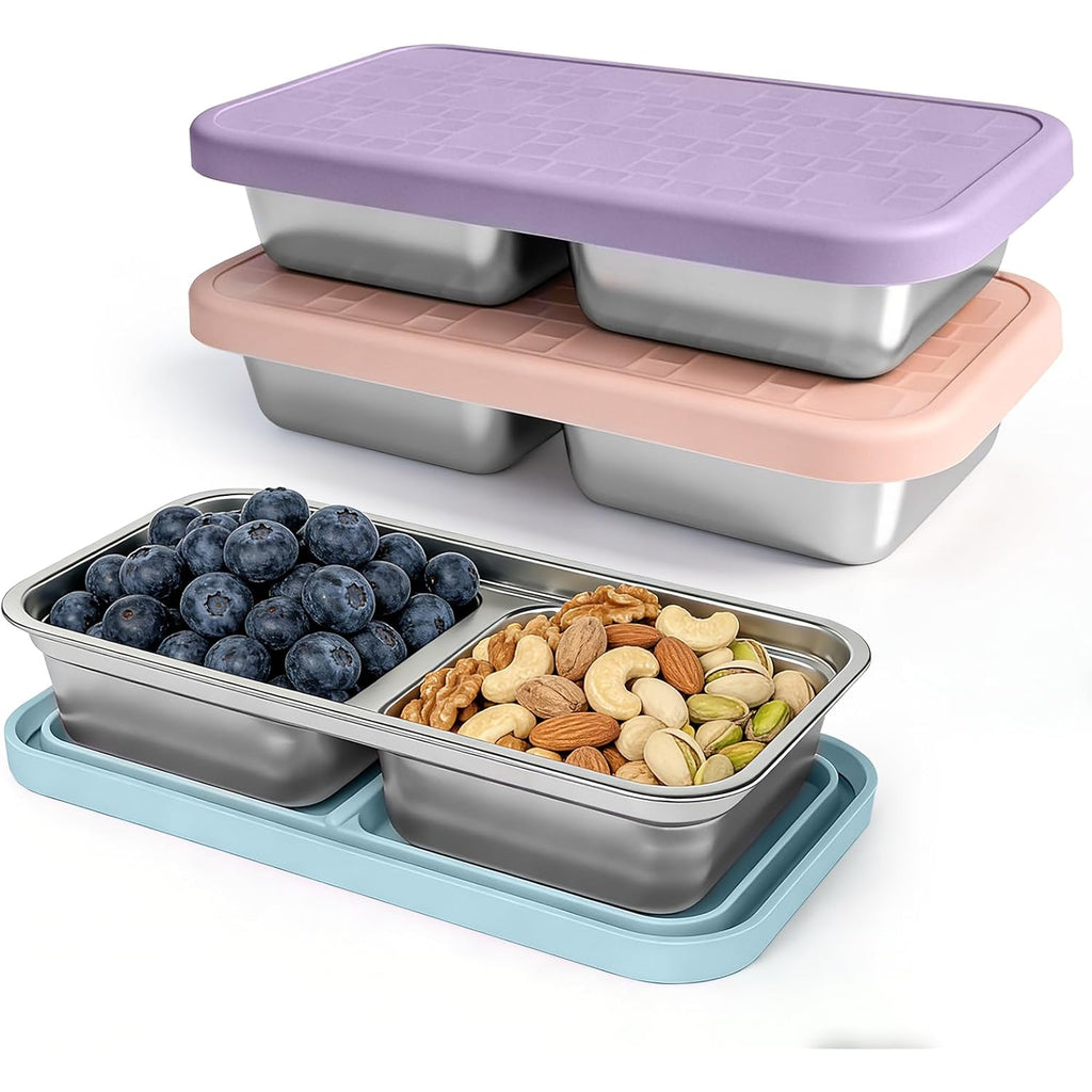 3 Pack Stainless Steel Snack Containers For Kids, Reusable Snack Containers With Silicone Lids, 2 Compartment Toddler Snack Containers For Daycare, School Lunch And Travel, 15 Oz