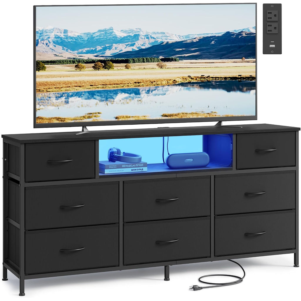 Songmics Bellah Collection - Dresser For Bedroom With Outlets And Led Lights, Tv Stand For Tvs Up To 65 Inches, Chest Of Drawers, 8 Drawers, Steel, Modern, Ink Black Ulgs434Bh02S
