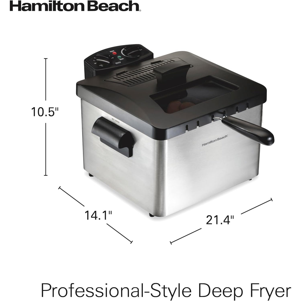 Hamilton Beach Electric Deep Fryer with 3 Baskets and Lid, 4.5 Liters / 19 Cups Oil Capacity, Temperature Control, View Window, Professional Style, 1800 Watts, Stainless Steel (35034)