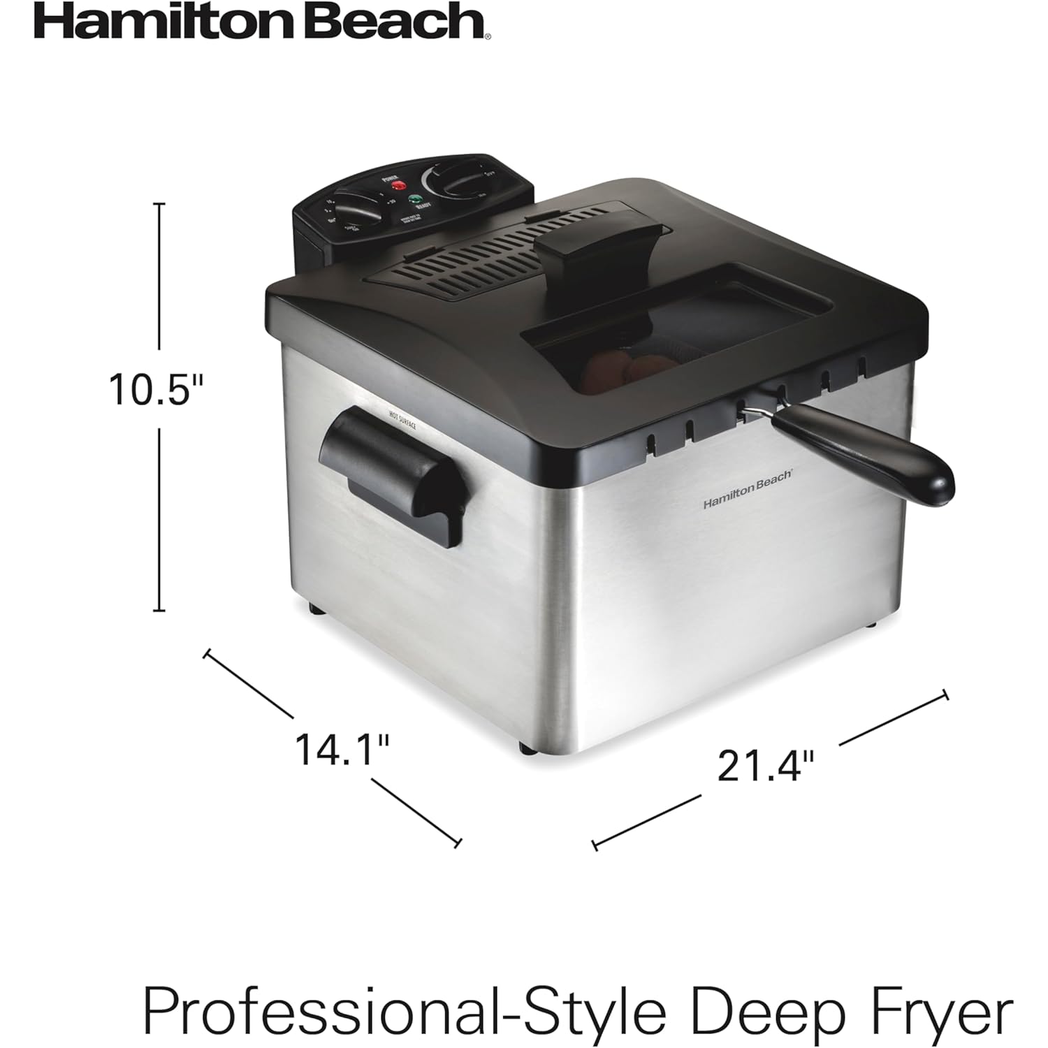 Hamilton Beach Electric Deep Fryer with 3 Baskets and Lid, 4.5 Liters / 19 Cups Oil Capacity, Temperature Control, View Window, Professional Style, 1800 Watts, Stainless Steel (35034)