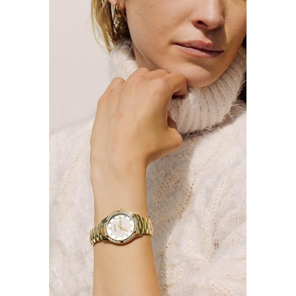 Bulova Ladies' Crystal Stainless Steel 3-Hand Quartz Watch, White Mother-Of-Pearl Dial