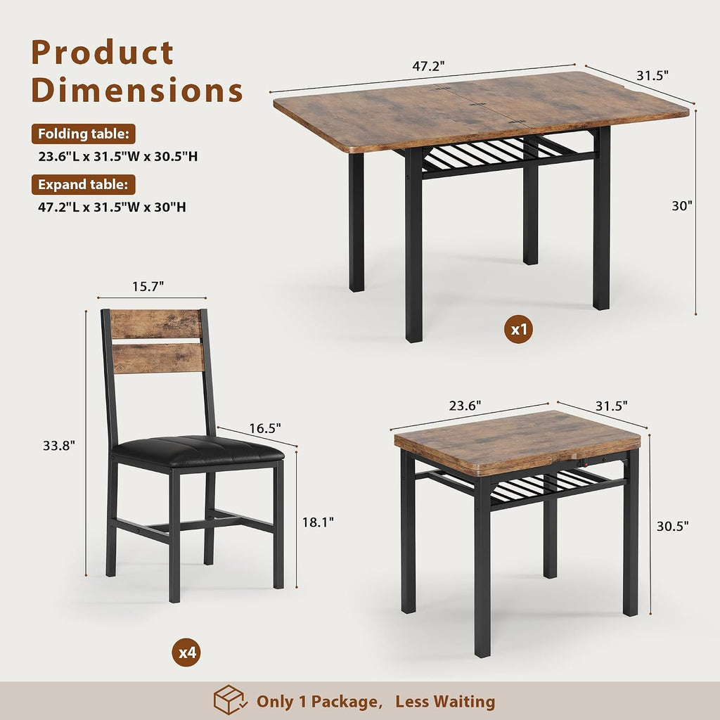 Dining Table Set For 4, Extendable Kitchen Table With 4 Pu Leather Upholstered Dining Room Chairs, Wood Kitchen Table Set With Built-In Storage Rack For Dining & Small Spaces, Rustic Brown