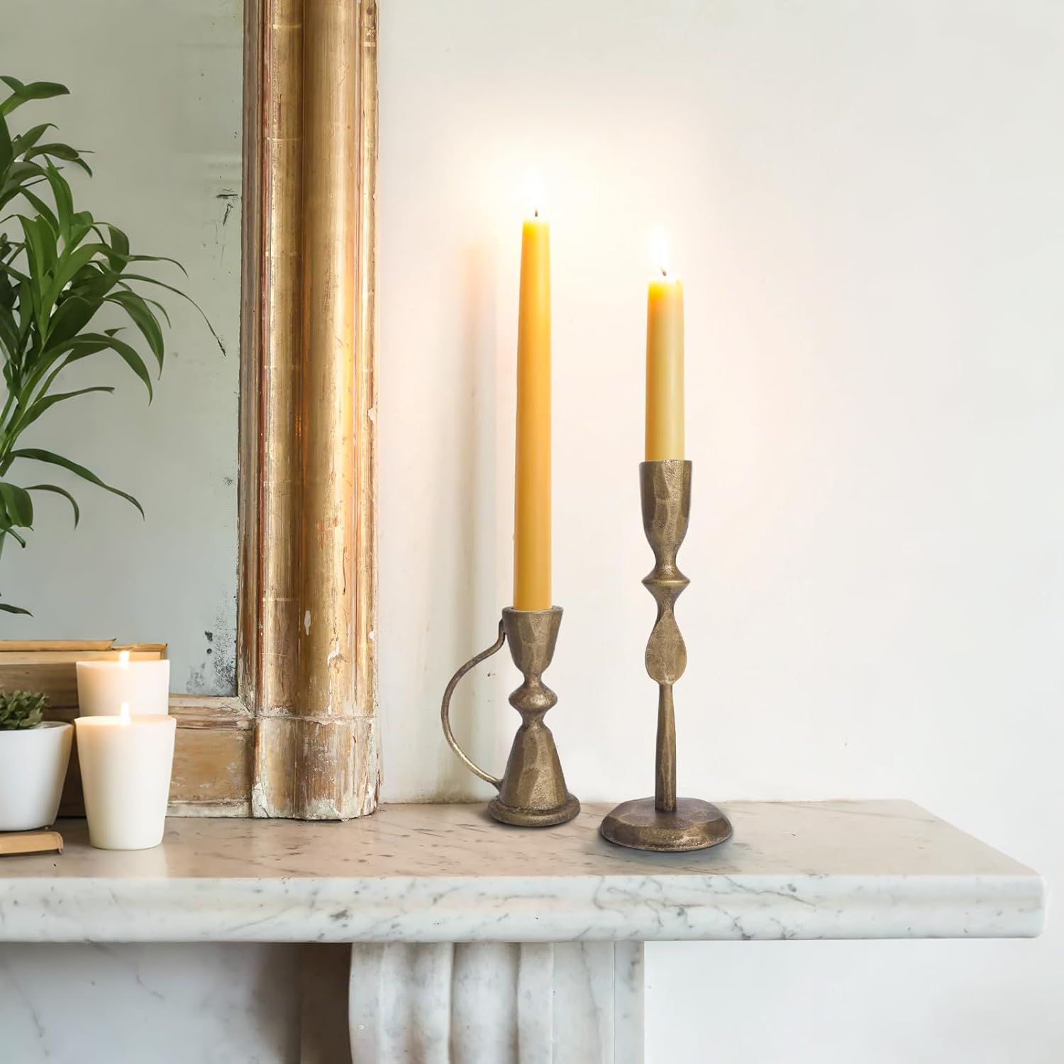 Antique Brass Cast Iron Candle Holders Set of 2 – Vintage Decorative Taper Candlesticks for Table Centerpieces and Home Decor