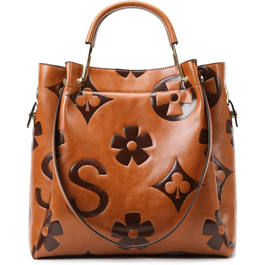 Travistar Floral Handbags Purses Women - Embossed Leather Top Handle Handbag Set Large Shoulder Bag Ladies Bucket Hobo Tote