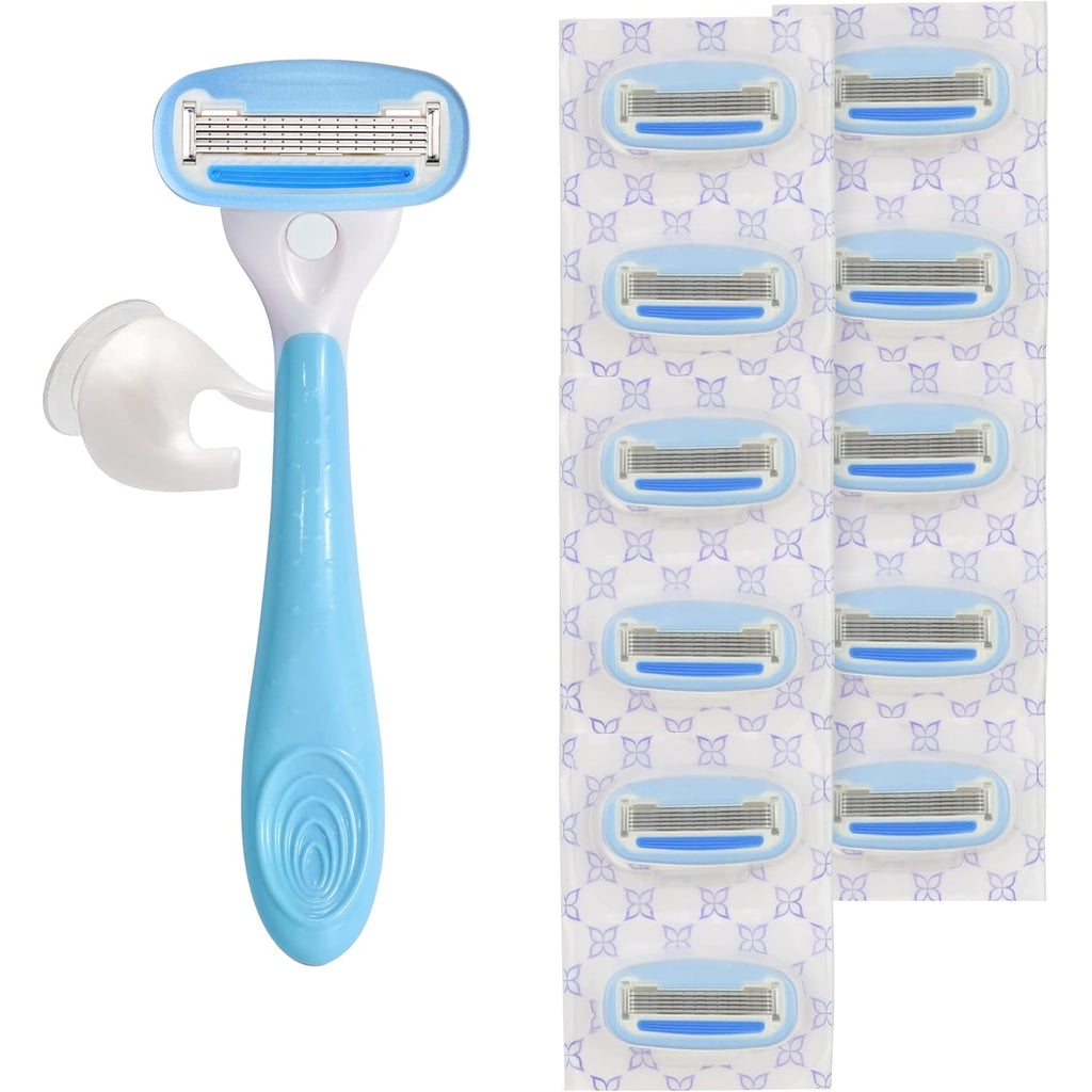Amazon Basics 5-Blade Razor Handle for Women, Includes 12 Cartridges and Shower Hanger, 14 Piece Set, Blue