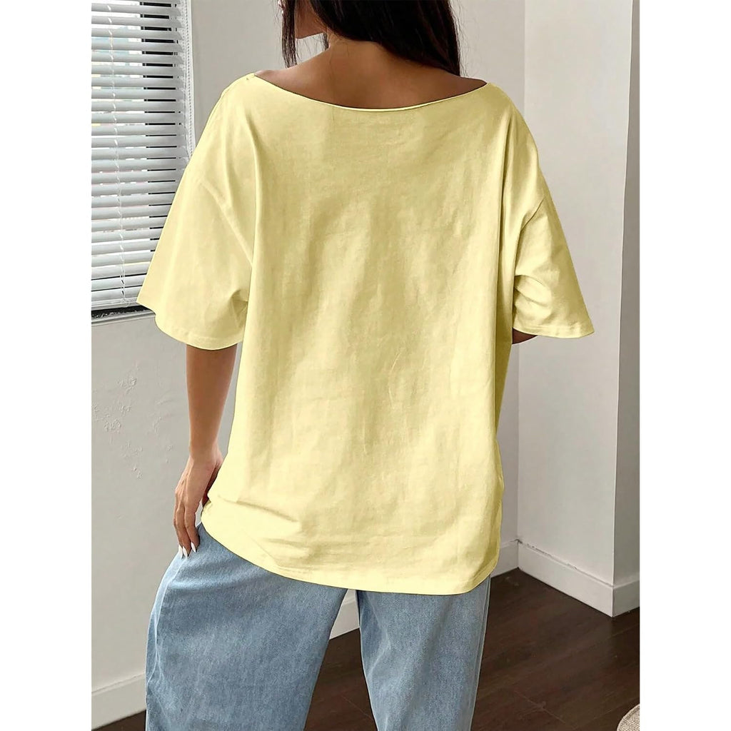 SOLY HUX Women's Off The Shoulder Graphic Tees Oversized Tops Short Sleeve Drop Shoulder Summer Baggy Tshirts Yellow Letter