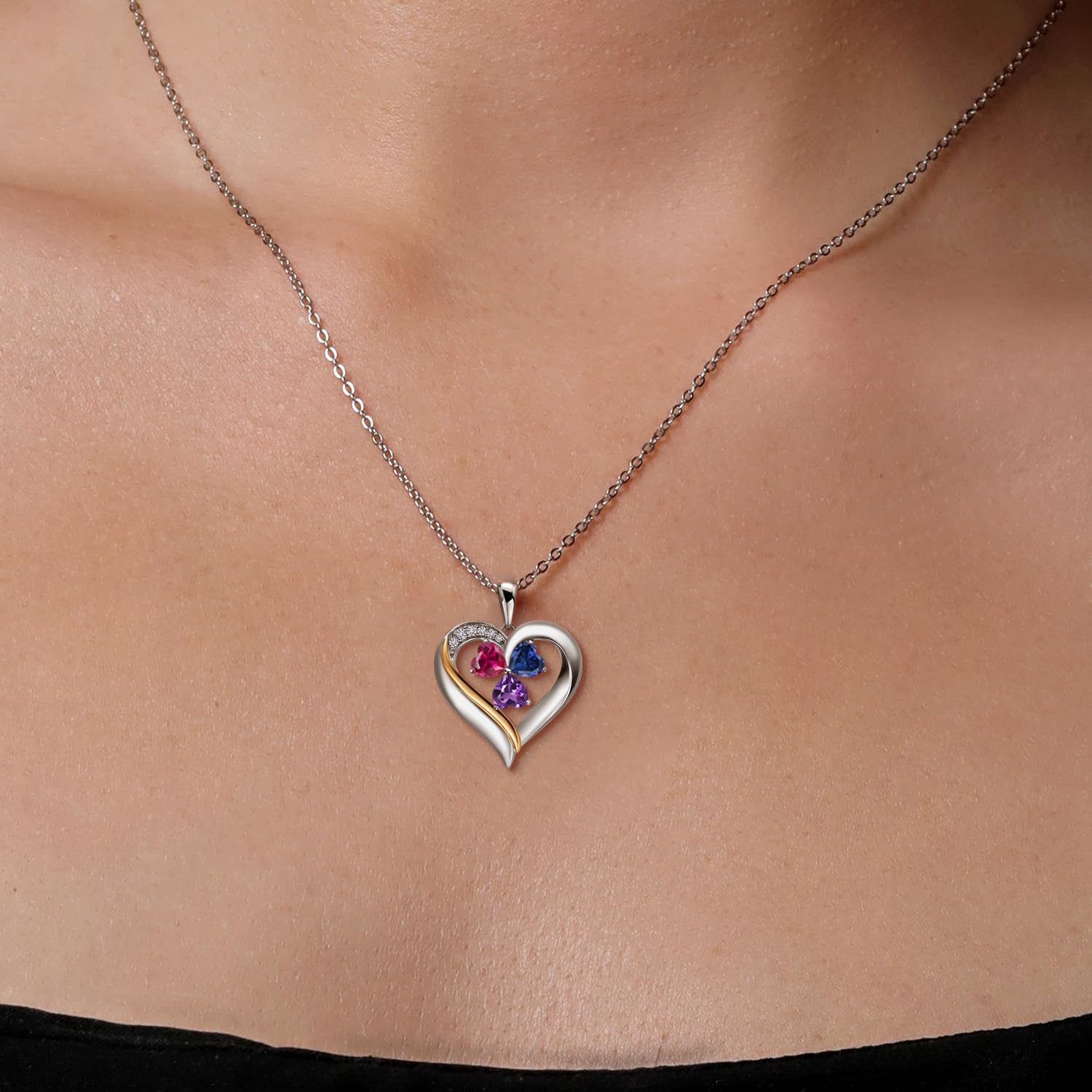 Gem Stone King Customized Personalized Engraved 3-Stone Heart Pendant Necklace For Women | 925 Silver and 10K Yellow Gold | Gemstone Birthstone and Lab Grown Diamond | 5MM Heart | 18 Inch Chain