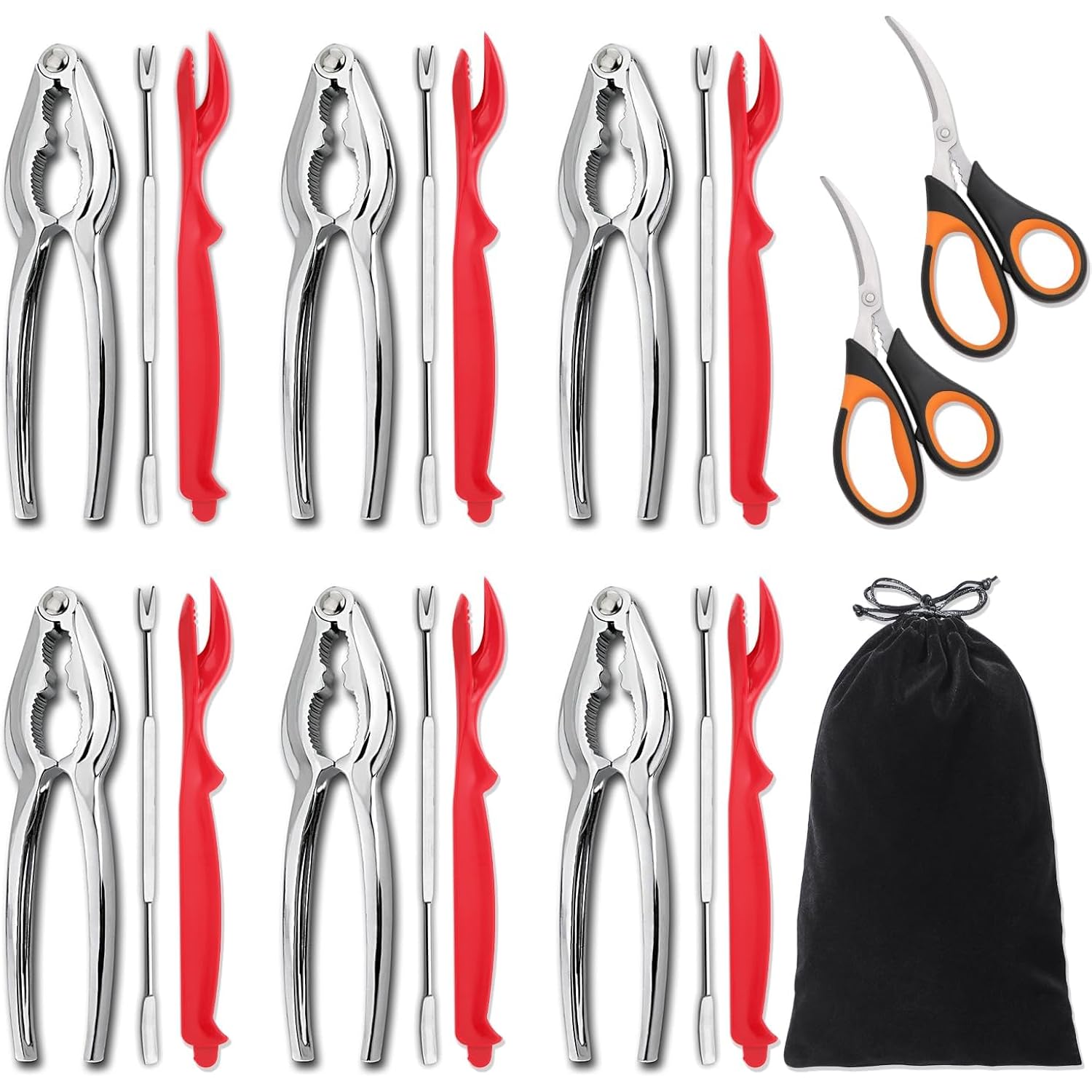 20-Pack Crab Crackers And Tools Set,Seafood Boil Party Supplies Includes 6 Crab Crackers, 6 Lobster Shellers, 6 Crab Leg Forks/Picks And 2 Seafood Scissors & Black Storage Bag - Nut Cracker Set