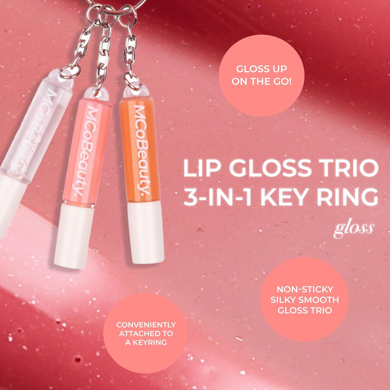 MCoBeauty Lip Gloss Trio - 3 in 1 Keychain Mini Glosses Set - High Shine Hydrating Non Sticky Clear Tinted Lip Color Pack - Doe Foot Applicator - For On the Go Makeup - Vegan & Cruelty Free
