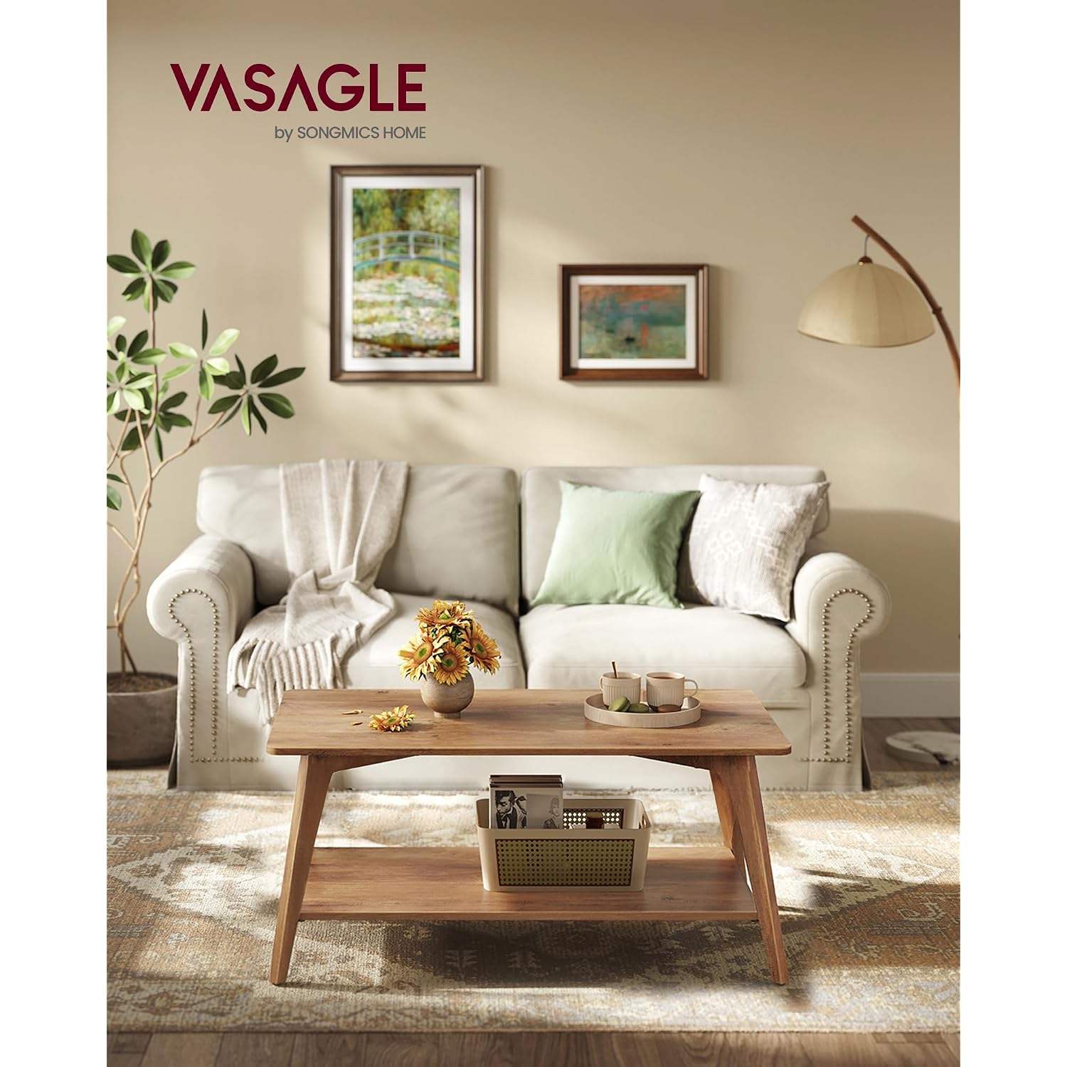 Vasagle Maezo Collection - Coffee Table, 2-Tier Center Table With Storage, Tapered Legs, Curved Transitions, 21.7 X 39.4 X 17.7 Inches, Easy To Assemble, For Living Room, Honey Brown Ulct249K01