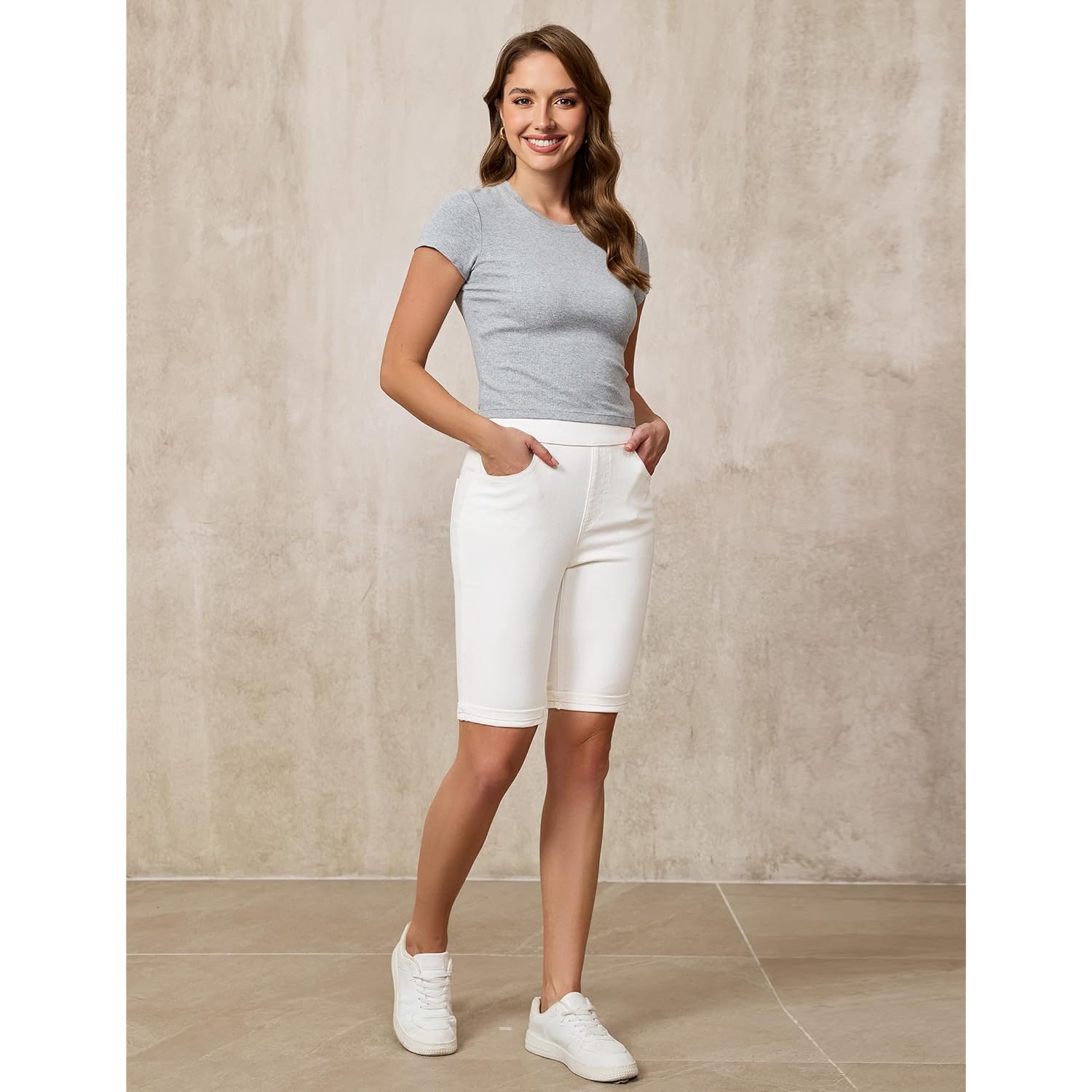 Bermuda Shorts for Women Jean Pull On Elastic Waist High Waisted Knee Length Fold Hem Stretchy Denim Long Shorts