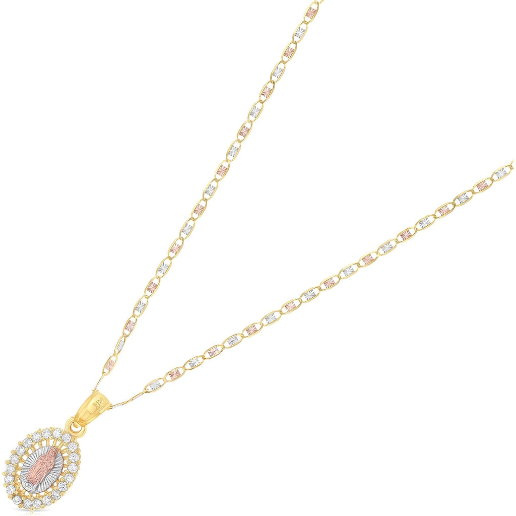 14K Yellow Gold Our Lady of Guadalupe Cubic Zirconia CZ Charm Pendant with 1.5mm Valentino Chain Necklace
