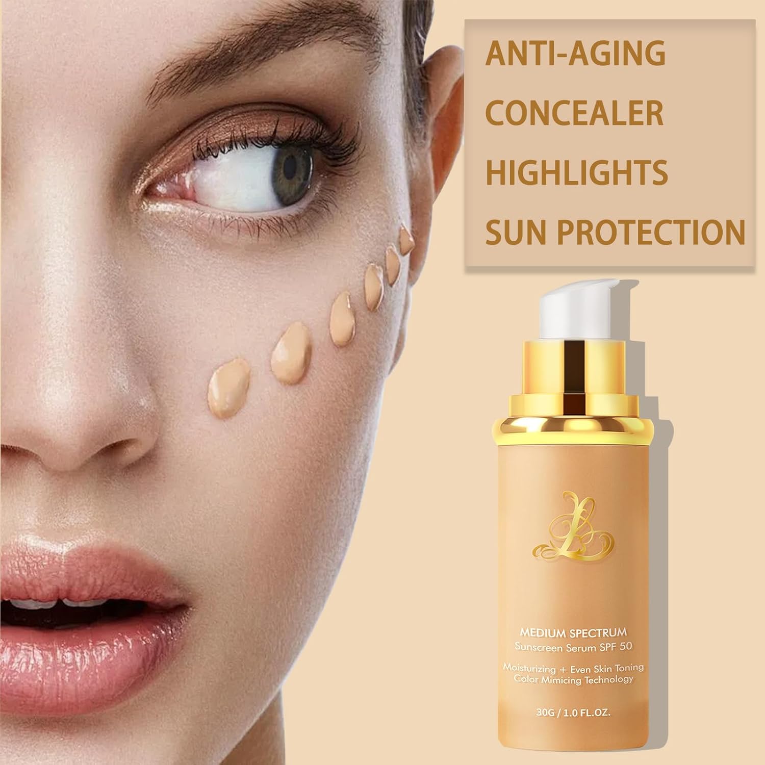 Foundation 4 in 1 - Medium Spectrum with SPF 50+, Color Changing Foundation, Hydrating Color Changing Foundation Makeup, Concealer, Sun Protection, Longwearing & Waterproof for All Skin Types