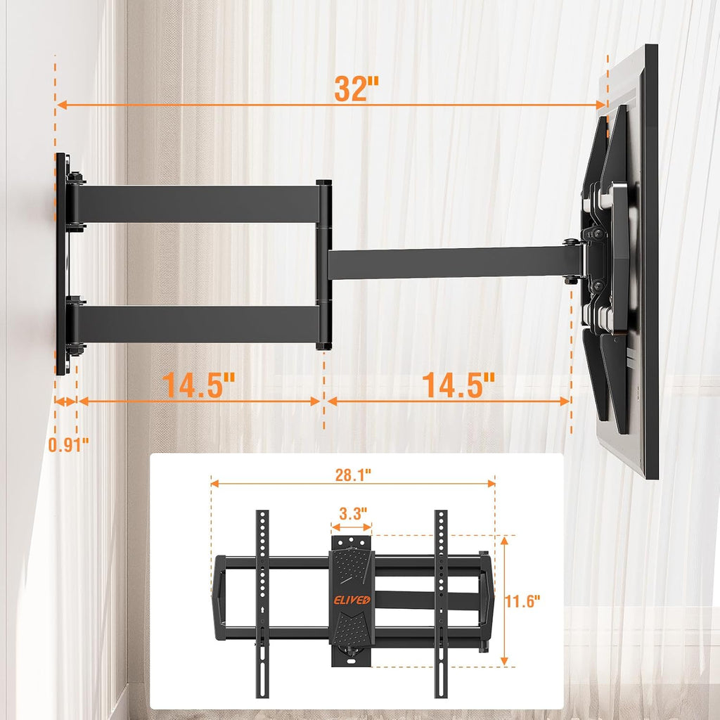 Elived Long Arm Tv Mount For Most 42-75 Inch Tvs, 32" Long Extension Arm Corner Tv Wall Mount, Articulating Wall Mount Tv Bracket Swivel And Tilt, Holds Up To 99 Lbs. Max Vesa 600X400Mm