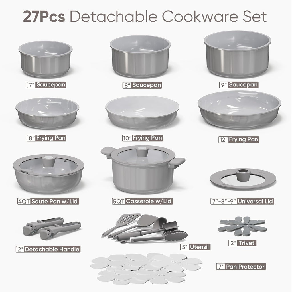 CAROTE 27pcs Ceramic Cookware Set Nonstick, Pots and Pans Set Non Stick, Non Toxic Cookware Detachable Handles, Dishwasher/Oven Safe, RV/Camping Cookware with Kitchen Utensils, Gray