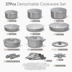 CAROTE 27pcs Ceramic Cookware Set Nonstick, Pots and Pans Set Non Stick, Non Toxic Cookware Detachable Handles, Dishwasher/Oven Safe, RV/Camping Cookware with Kitchen Utensils, Gray