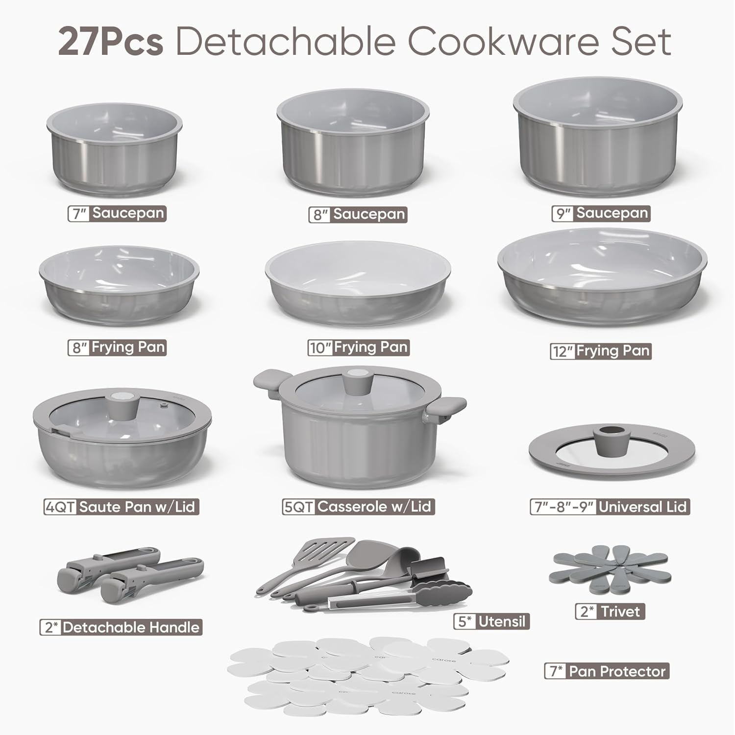 CAROTE 27pcs Ceramic Cookware Set Nonstick, Pots and Pans Set Non Stick, Non Toxic Cookware Detachable Handles, Dishwasher/Oven Safe, RV/Camping Cookware with Kitchen Utensils, Gray