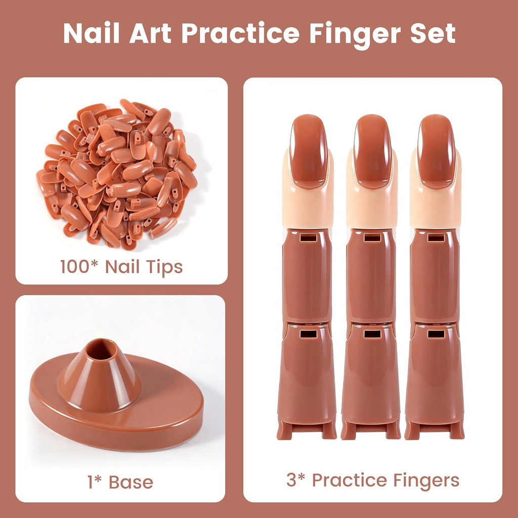 Practice Finger for Acrylic Nails, 3PCS Adjustable Nail Practice Hand Finger with Base Stand and 100PCS Brown Nail Tips, Practice Hand for Home Salon DIY Beginner(Brown)