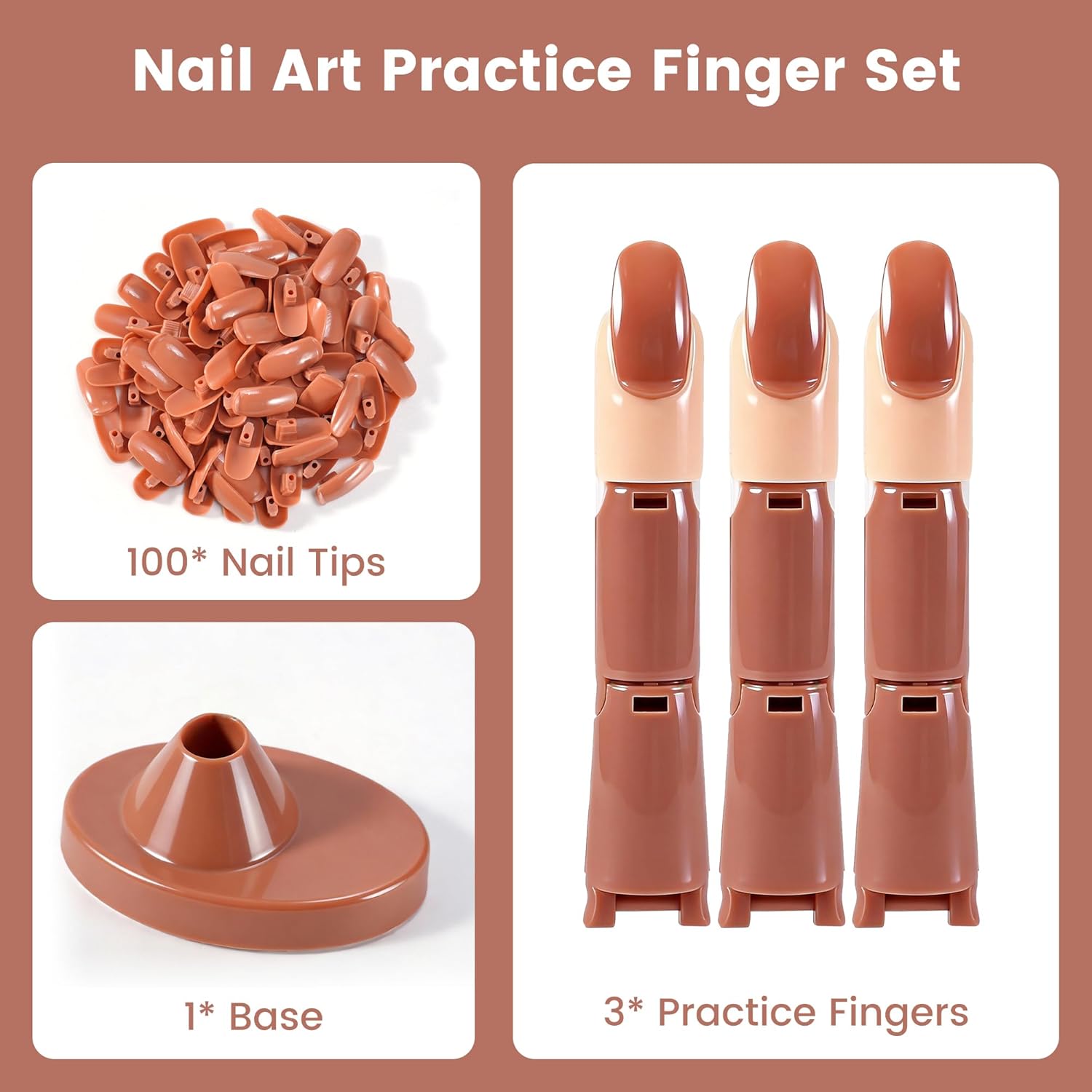 Practice Finger for Acrylic Nails, 3PCS Adjustable Nail Practice Hand Finger with Base Stand and 100PCS Brown Nail Tips, Practice Hand for Home Salon DIY Beginner(Brown)