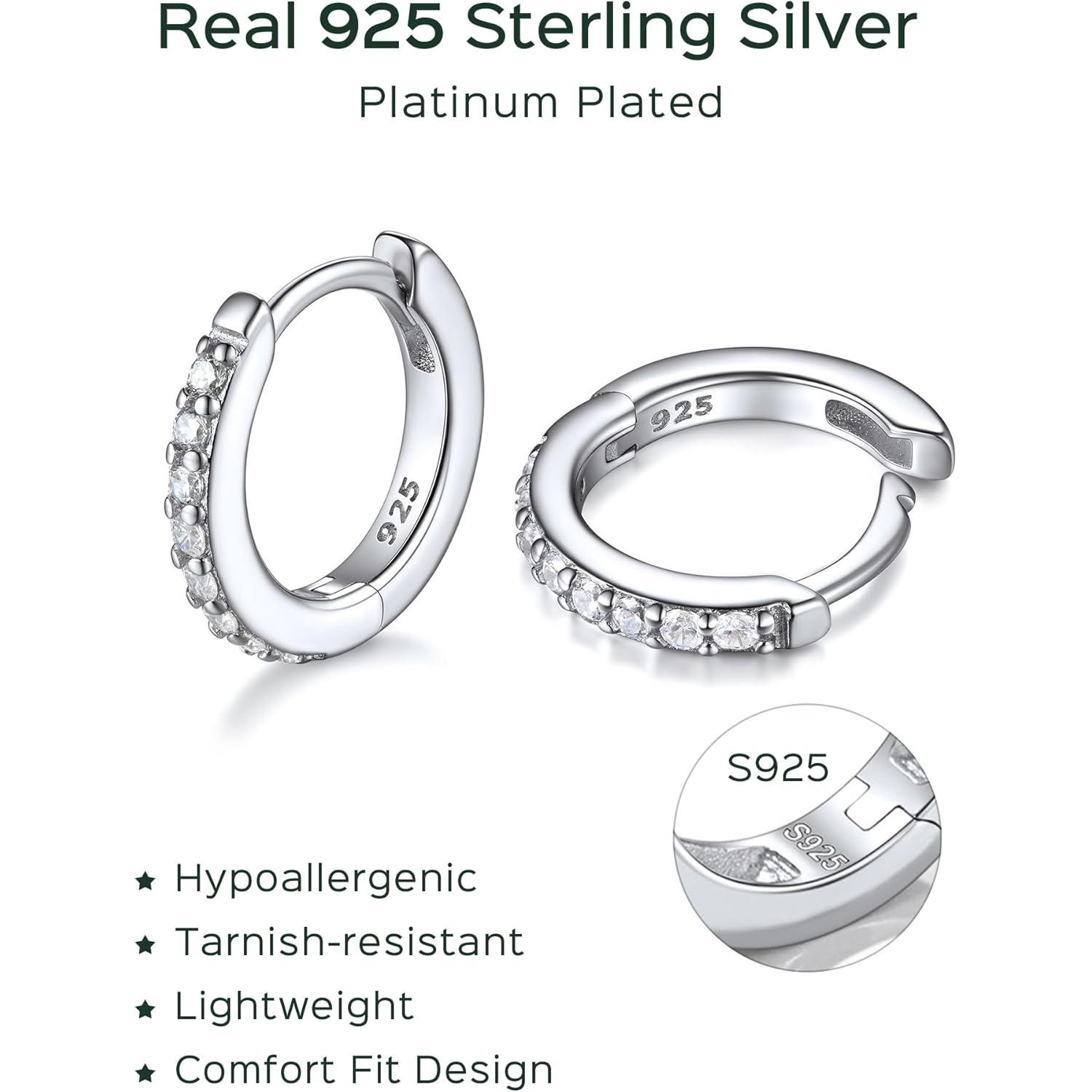 ChicSilver 925 Sterling Silver Huggie Earrings for Women 14K Gold Plated Silver Hoop Earrings for Women Hypoallergenic Small Cubic Zirconia Huggie Earring (6/8/10/12/14/16/18/20mm)