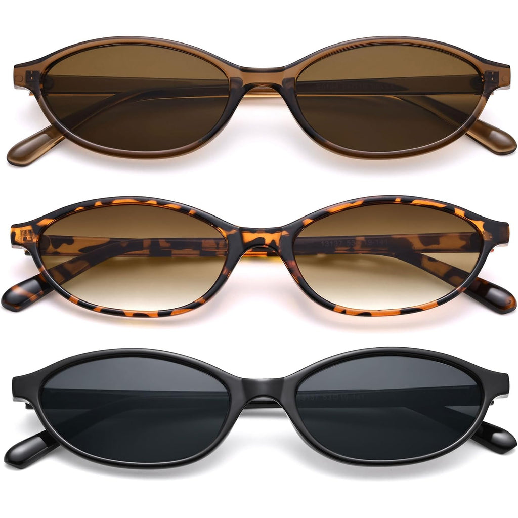 Pro Acme Retro Oval Sunglasses for Women Chic Cat Eye Y2K Trendy Narrow Sunnies Designer Sun Glasses Brown Frame/Brown Lens + Black Frame/Grey Lens + Leopard Frame/Brown Lens