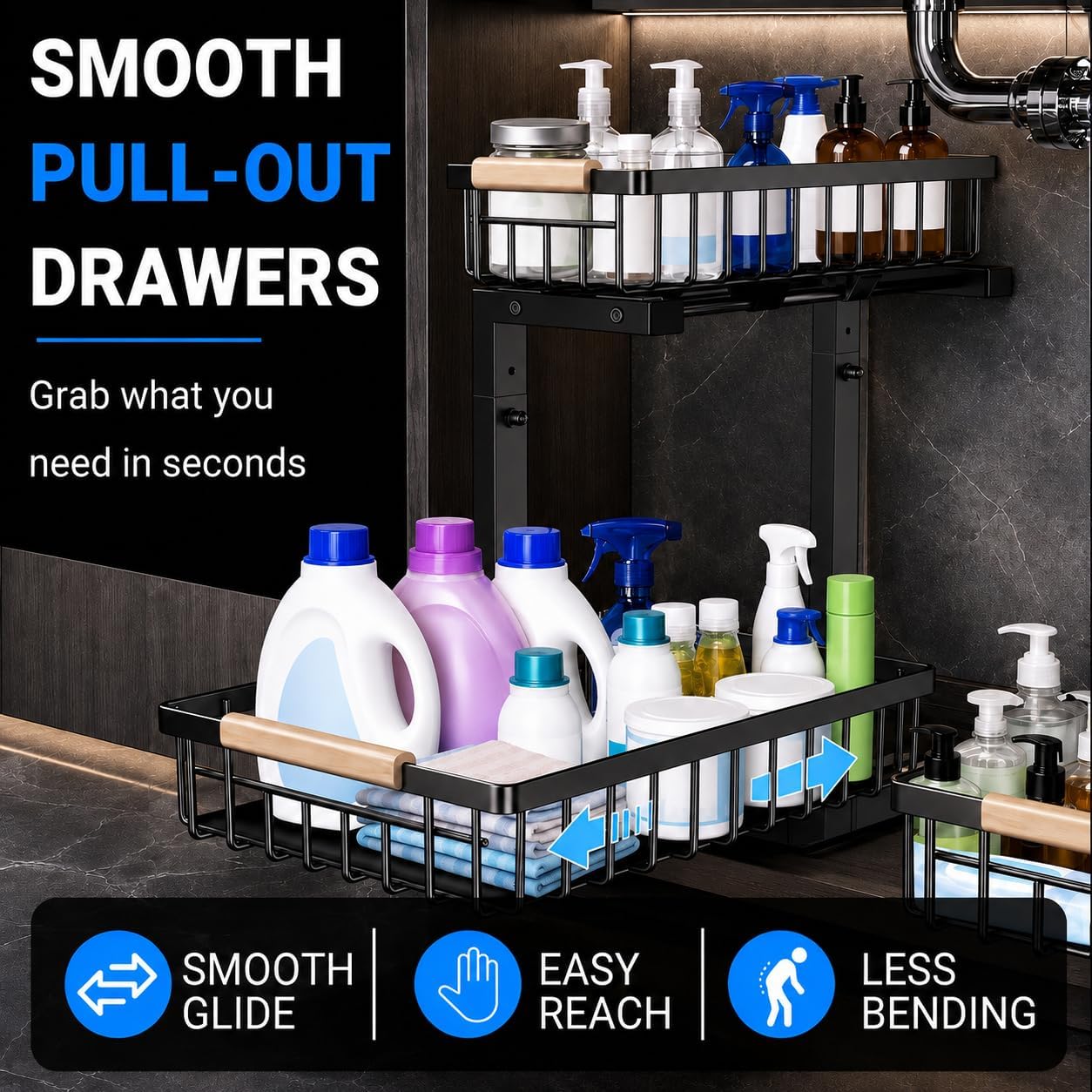 Under Sink Organizer, Pull Out Kitchen Storage Cabinet Organizer, Adjustable 2-Tier Metal Slide Out Shelf Organizer For Bathroom Laundry Kitchen Storage With Sliding Drawers, Black, 2 Pack