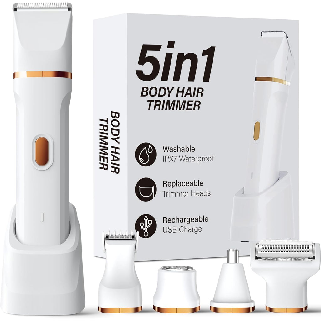 KINGTEE 5-in-1 Electric Bikini Trimmer for Women – IPX7 Waterproof Shaver, Cordless Body & Facial Razors for Women, Ceramic Blades, USB-C Rechargeable, Painless Hair Removal Kit (White)