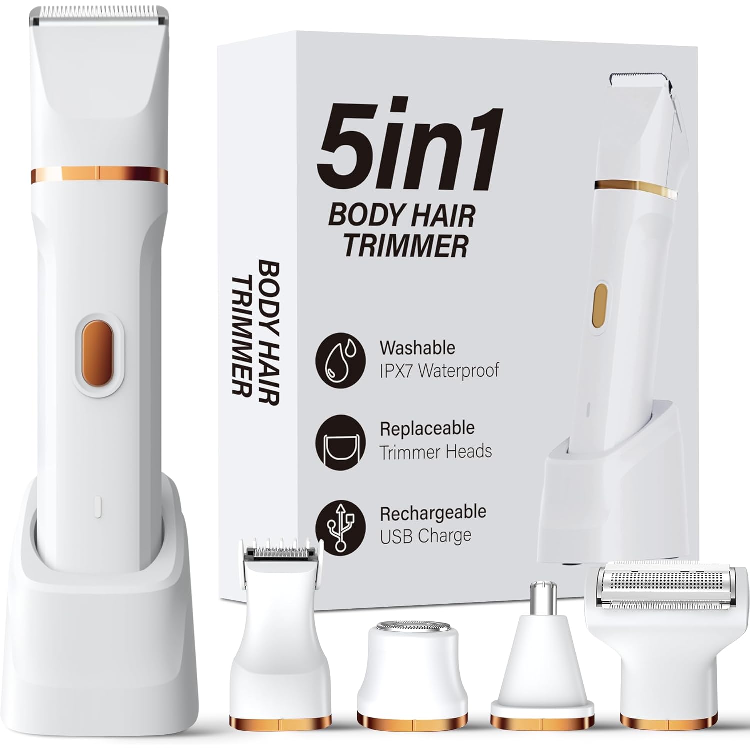 KINGTEE 5-in-1 Electric Bikini Trimmer for Women – IPX7 Waterproof Shaver, Cordless Body & Facial Razors for Women, Ceramic Blades, USB-C Rechargeable, Painless Hair Removal Kit (White)