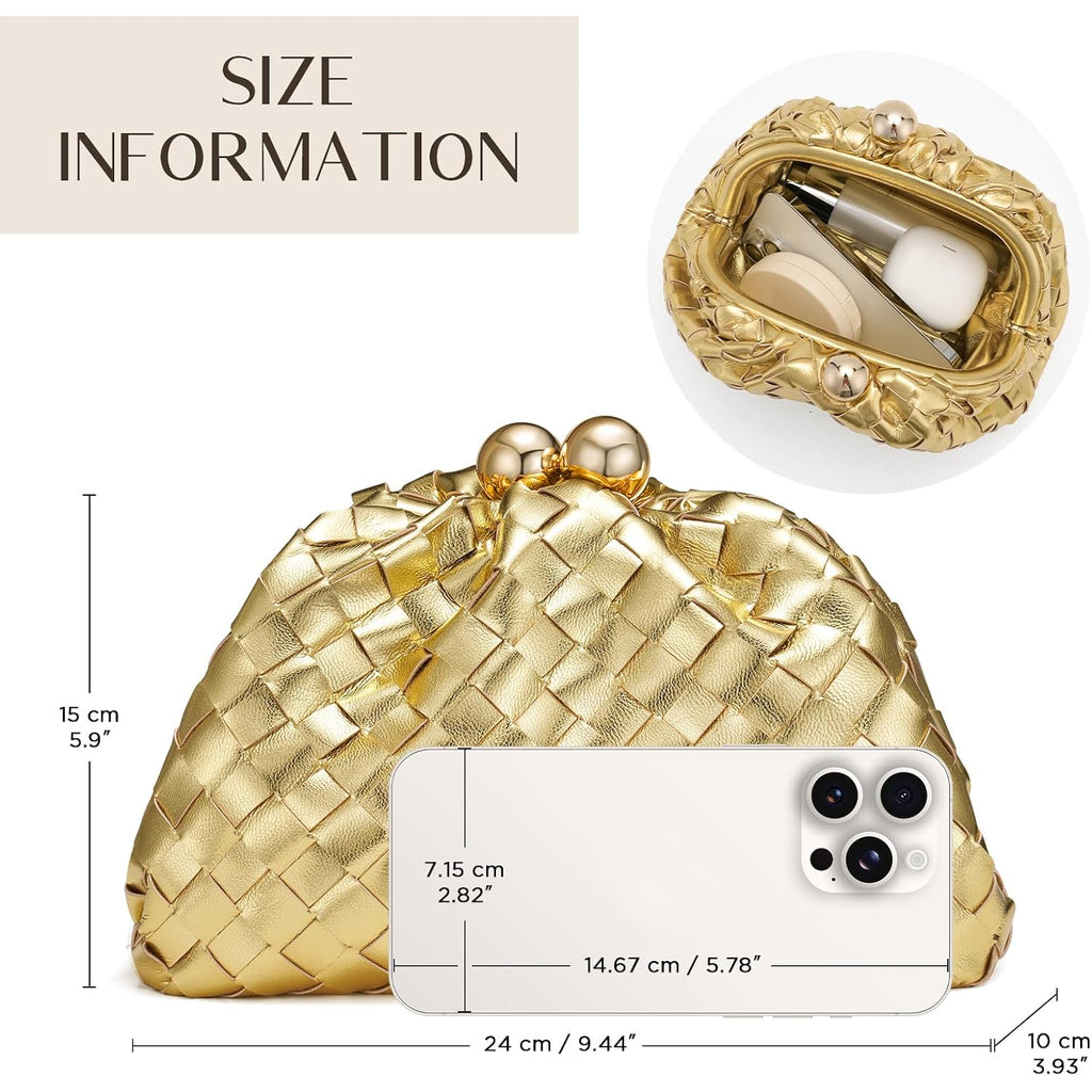 Gold Clutch Purses For Women, Woven Evening Handbags, Formal Dumpling Bag