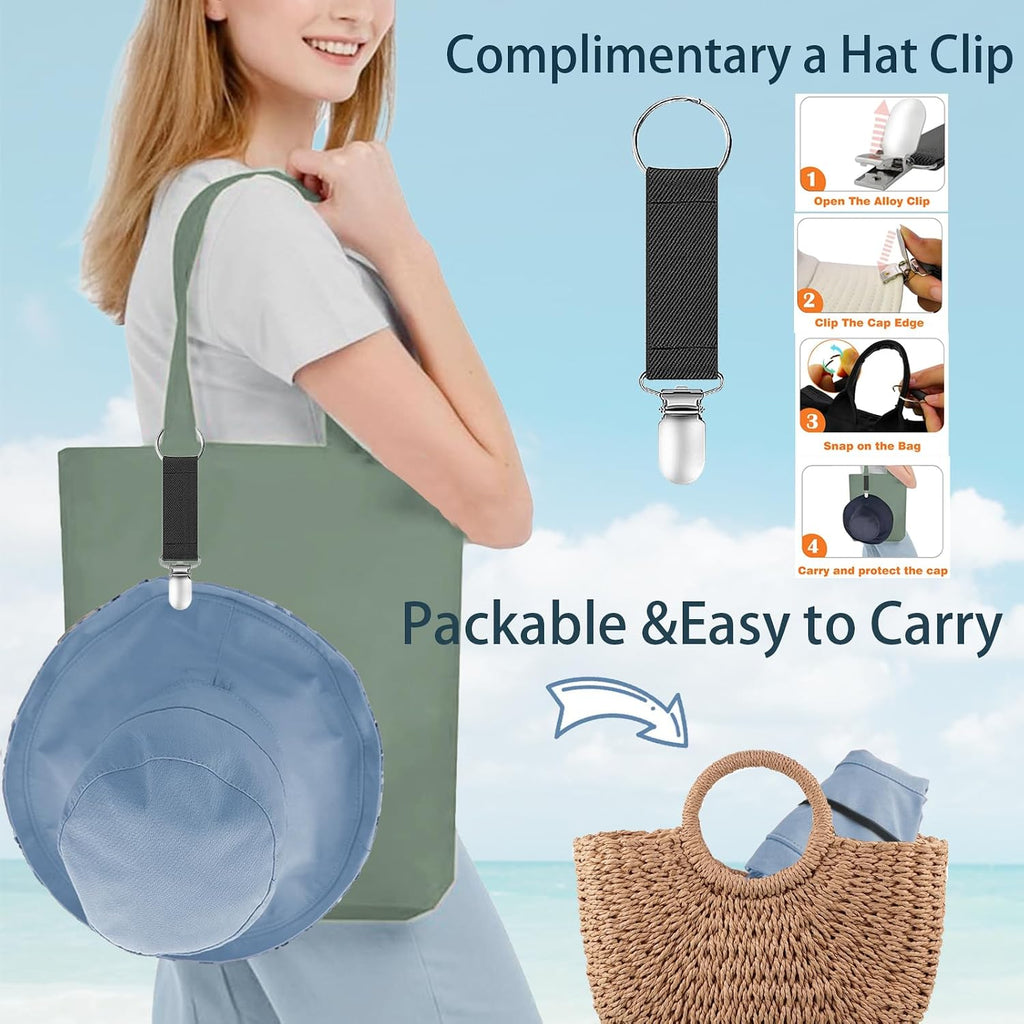 vidsel Womens Sun Hats Wide Brim Reversible Bucket Cotton Hat Packable Summer Travel Cap with Hat Clip,UV Protection Blue