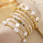 Dainty Cross Clover Gold Beaded Pearl Bracelet Stack for Women,Handmade Boho Gold Plated Beads Stretch Stackable Bracelets Fashion Birthday Prom Jewelry Accessories Mothers Day Gifts Friendship