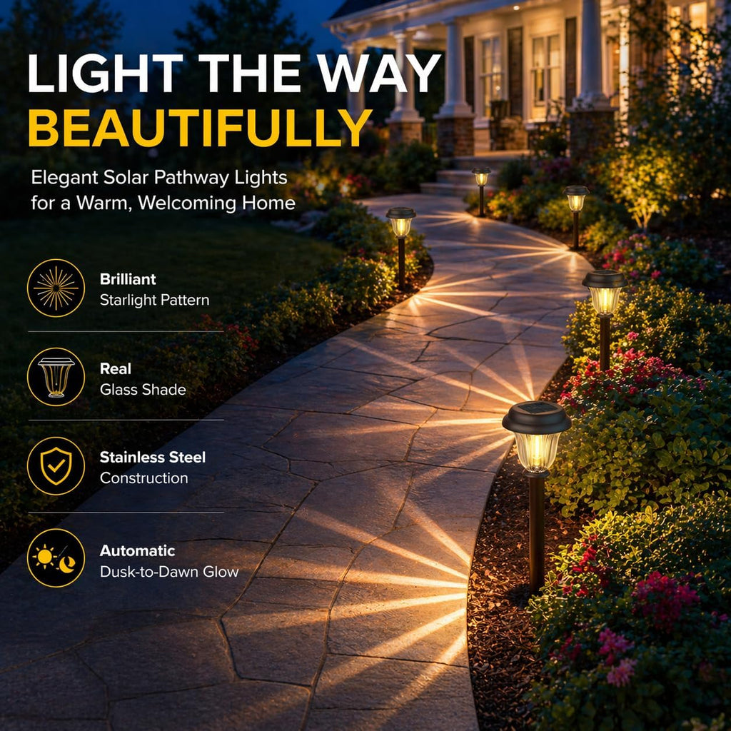 8 Pack Solar Lights Outdoor, Stainless Steel Glass Solar Pathway Lights, Auto On/Off Long-Lasting Waterproof Garden Lights For Landscape, Path, Yard, Driveway, Walkway Decor (Warm White)