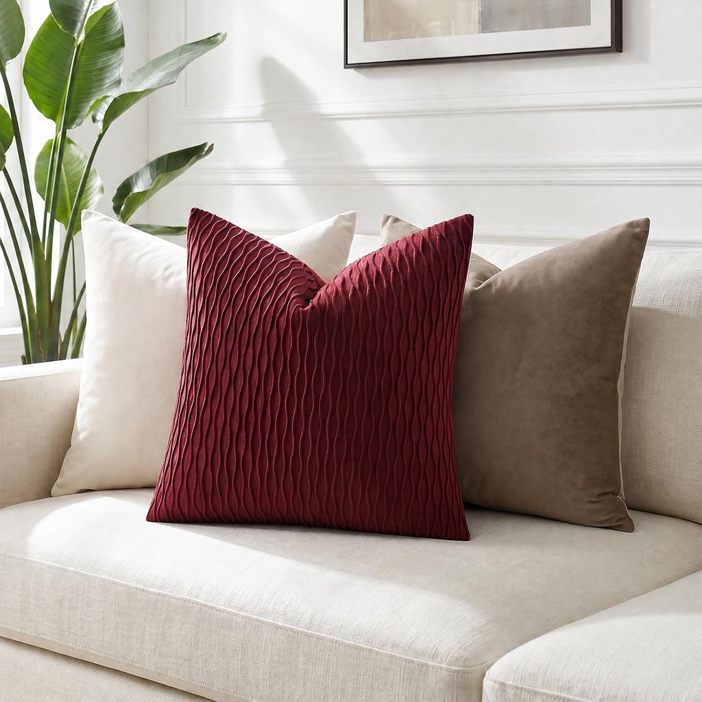 Burgundy Throw Pillow Covers: Pack Of 2 18X18 Inch Vertical Ripple Striped Velvet Square Decorative Pillow Cases For Farmhouse Couch Sofa Bed Living Room Home Decor