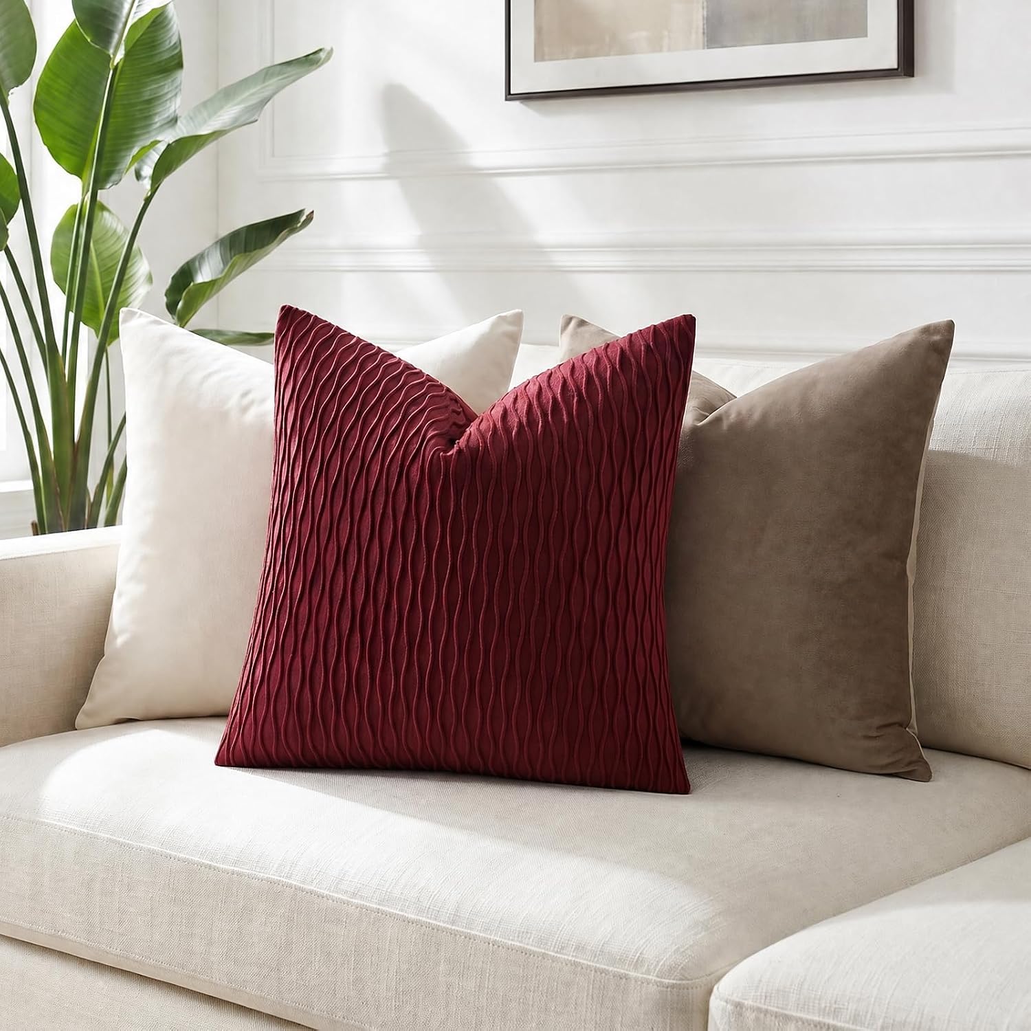 Burgundy Throw Pillow Covers: Pack Of 2 18X18 Inch Vertical Ripple Striped Velvet Square Decorative Pillow Cases For Farmhouse Couch Sofa Bed Living Room Home Decor