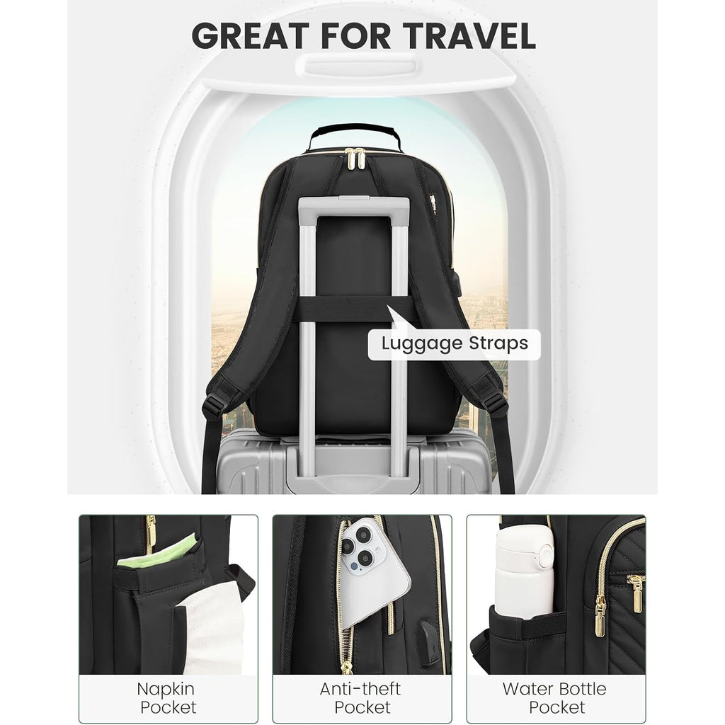 Lovevook Laptop Backpack Purse For Women, Work Travel Computer Bags, College School Backpack For Student Girl, Quilted Casual Daypack With Usb Port, Fit 15.6 Inch Laptop, Black